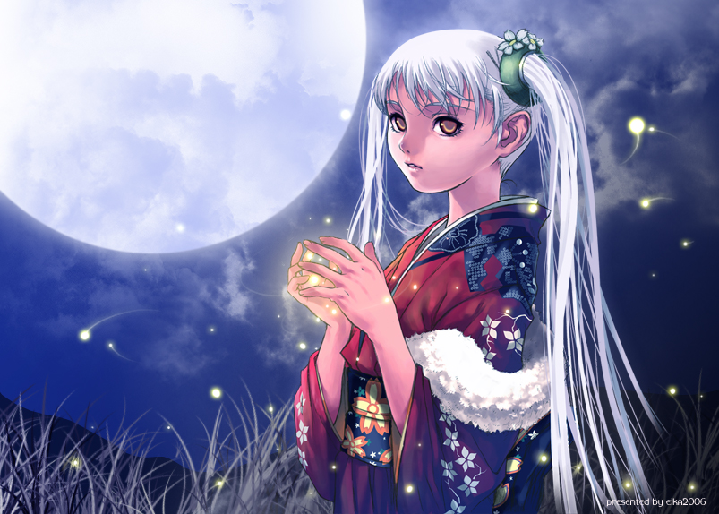 eika (artist), hoshino ruri, kidou senkan nadesico, 1girl, bug, female focus, fireflies, firefly, insect, japanese clothes, kimono, moon, solo, twintails