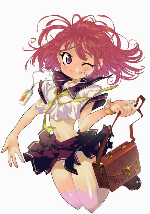 eika (artist), original, 1girl, ||/, bag, brown shoes, female focus, full body, green neckerchief, holding, holding bag, messy hair, miniskirt, neckerchief, one eye closed, panties, pantyshot, pink thighhighs, purple eyes, red hair, school uniform, serafuku, shoes, simple background, skirt, solo, thighhighs, underwear, white background, wink