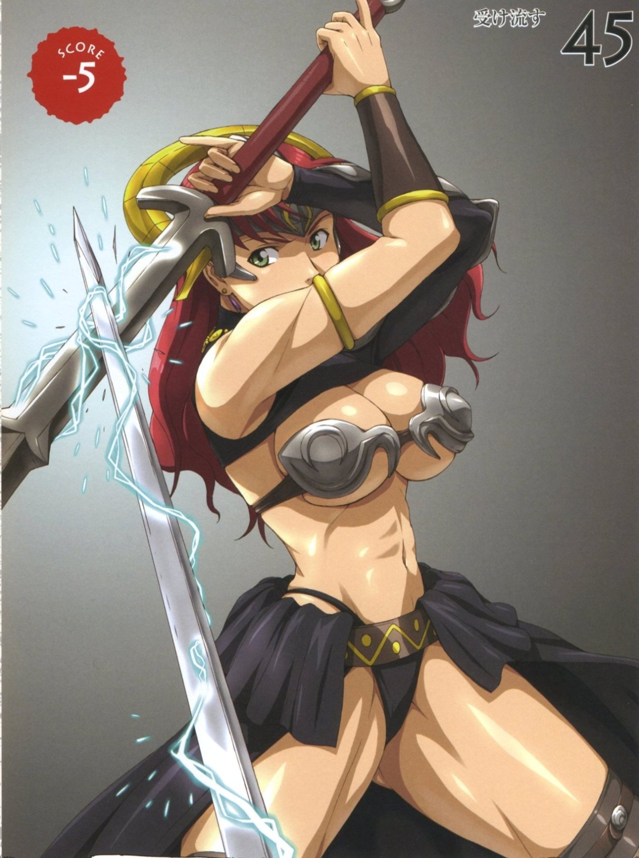 hisayuki hirokazu, nigou, claudette (queen's blade), claudette lord of thundercloud, queen's blade, highres, 00s, 1girl, armor, bikini armor, breasts, cleavage, female focus, green eyes, helmet, large breasts, lightning, muscular, pov, red hair, revealing clothes, solo, sword, thighhighs, thighs, weapon