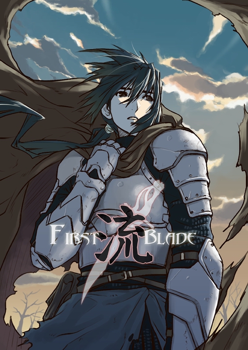 eika (artist), original, armor, cape, first blade, knight, male focus, medieval, ponytail, sky, solo, wind