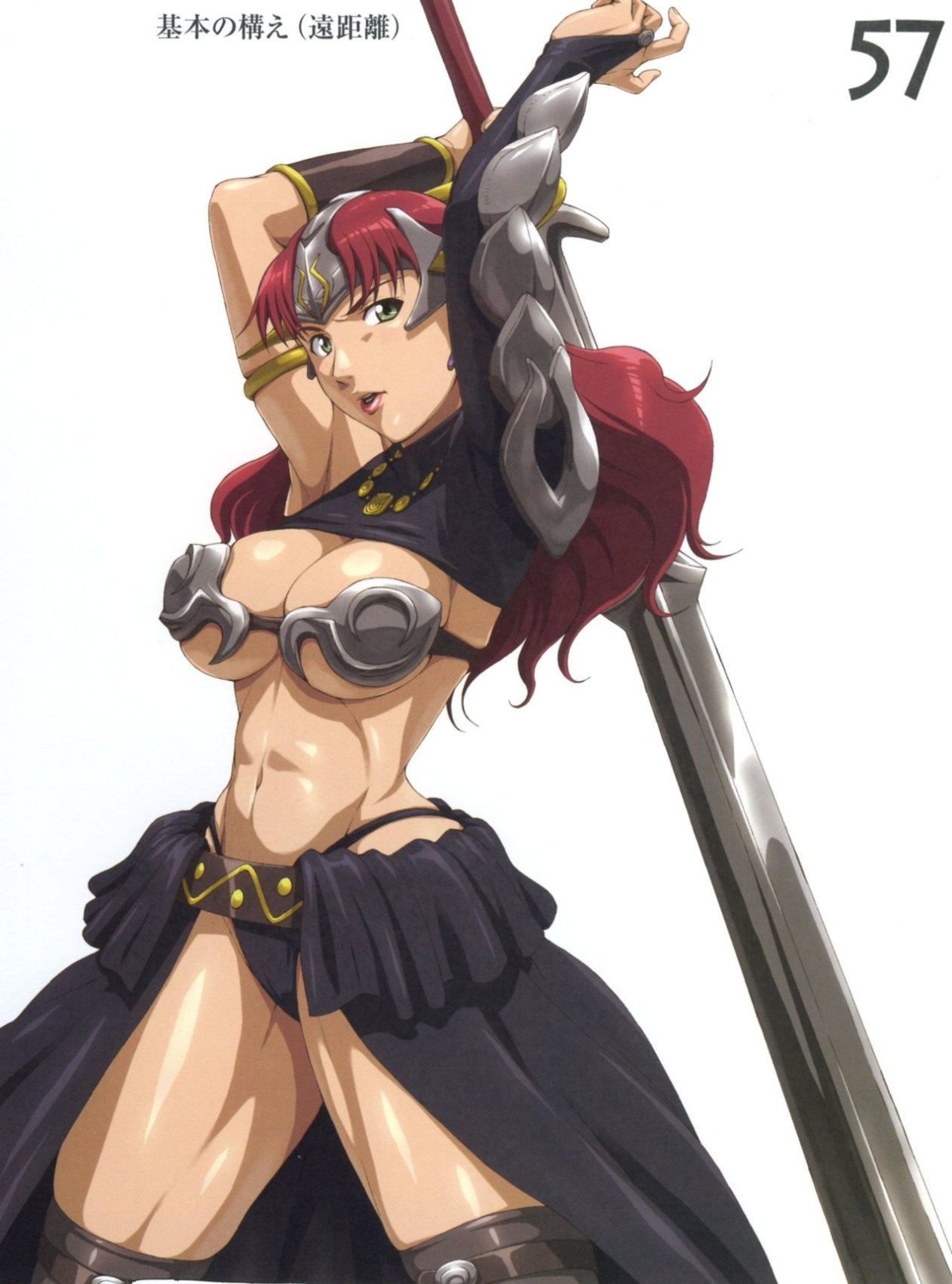 hisayuki hirokazu, nigou, claudette (queen's blade), claudette lord of thundercloud, queen's blade, highres, 00s, 1girl, armor, bikini armor, breasts, cleavage, female focus, green eyes, helmet, large breasts, muscular, red hair, revealing clothes, solo, sword, underboob, weapon