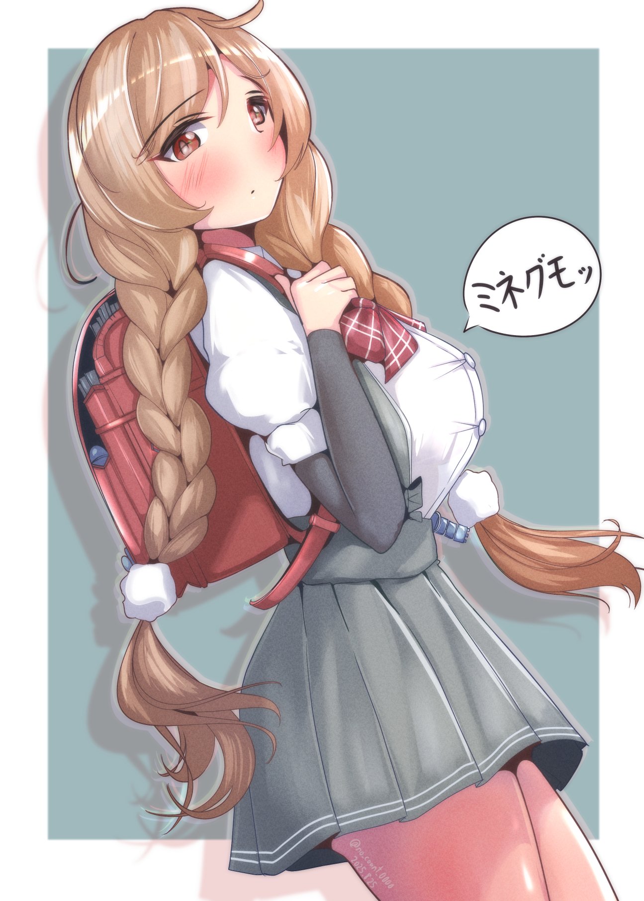 no count 0000, minegumo (kancolle), kantai collection, commentary request, highres, 1girl, arm warmers, backpack, bag, bow, bowtie, braid, breasts, brown eyes, character name, cloud hair ornament, collared shirt, dress shirt, grey background, grey skirt, large breasts, long hair, low twin braids, plaid bow, plaid bowtie, plaid clothes, pleated skirt, randoseru, red bow, red bowtie, red eyes, shirt, skirt, solo, suspender skirt, suspenders, twin braids, white shirt