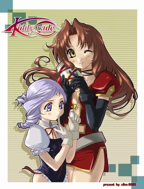eika (artist), eclair (kiddy grade), lumiere (kiddy grade), kiddy grade, light purple hair, 00s, 2girls, belt, breasts, brown hair, candy, child, cleavage, drill hair, elbow gloves, finger to mouth, food, frills, gloves, jar, leotard, long hair, medium breasts, multiple girls, one eye closed, purple eyes, short hair, small breasts, smile, wink, yellow eyes