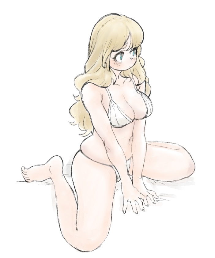 igawa20000volt, original, commentary request, 1girl, barefoot, between legs, bikini, blonde hair, breasts, collarbone, full body, hand between legs, large breasts, looking to the side, navel, simple background, sitting, solo, swimsuit, wariza, white background, white bikini