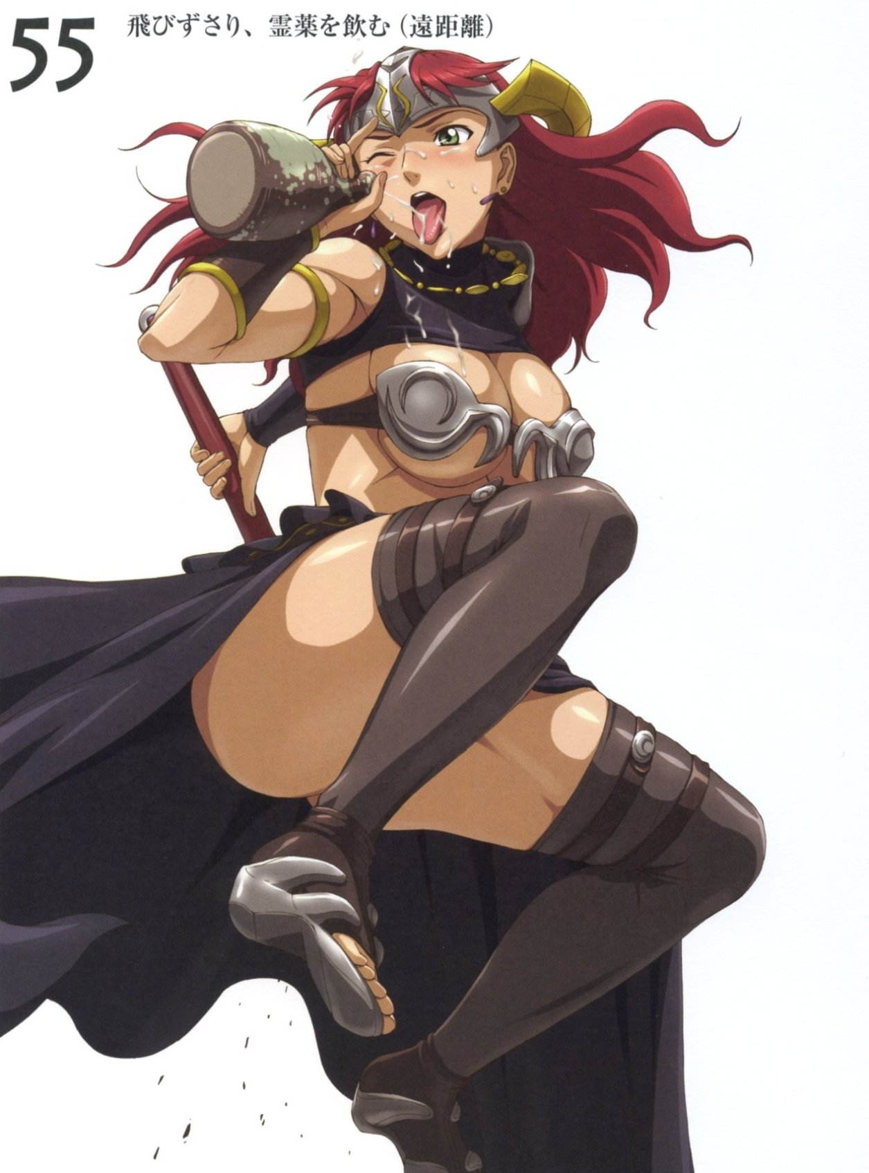 hisayuki hirokazu, nigou, claudette (queen's blade), claudette lord of thundercloud, queen's blade, highres, 00s, armor, bikini armor, blush, breasts, cleavage, drink, green eyes, helmet, large breasts, open mouth, red hair, solo, suggestive fluid, sword, thighhighs, tongue, weapon, wet