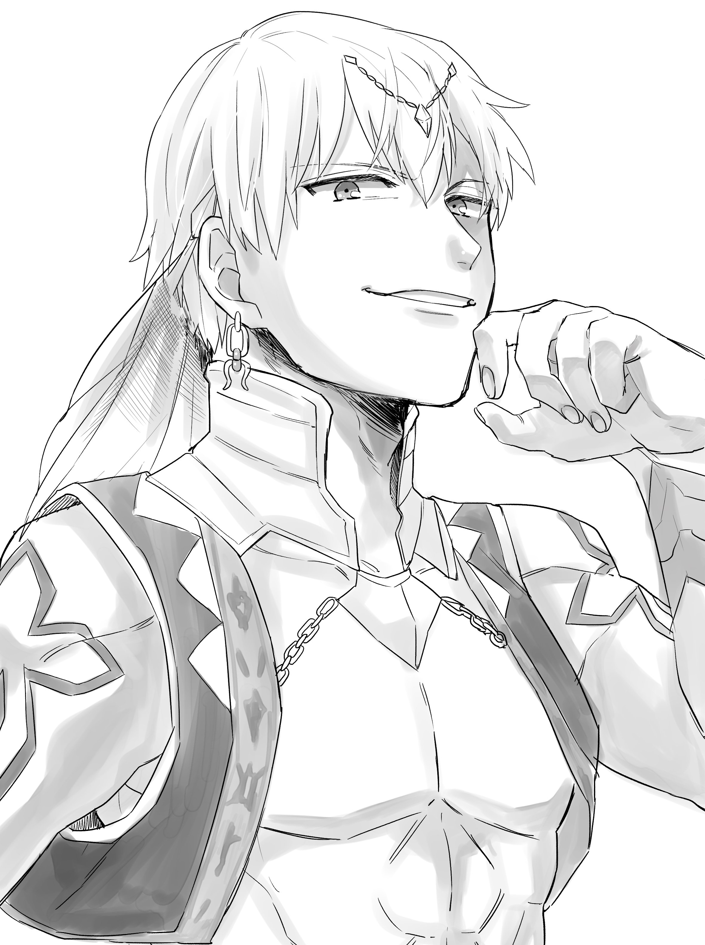 kkk irino, gilgamesh, gilgamesh (caster) (fate), gilgamesh (fate), fate/grand order, fate (series), absurdres, commentary request, highres, 1boy, bare pectorals, cropped vest, earrings, greyscale, jewelry, male focus, monochrome, open clothes, open vest, pectorals, shoulder tattoo, smile, solo, tattoo, toned, toned male, upper body, vest