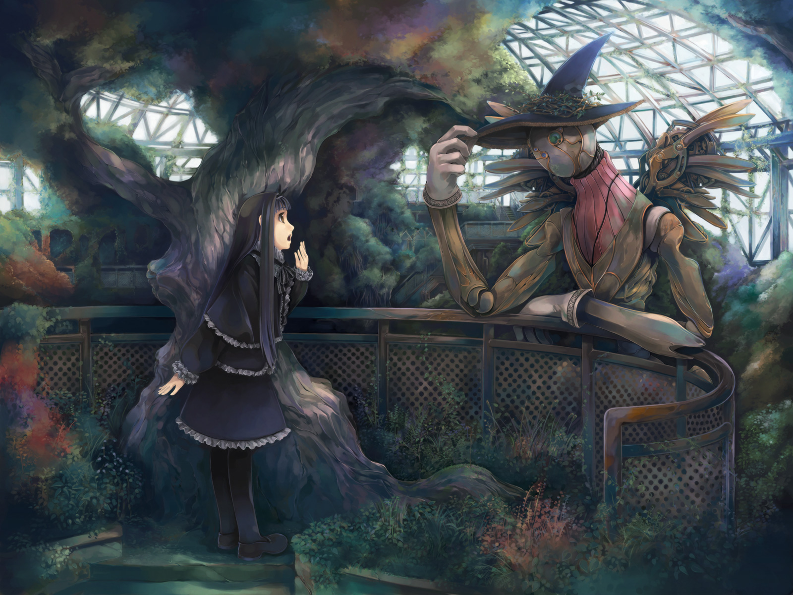 simosi, original, highres, 1girl, adjusting clothes, adjusting headwear, arm support, black dress, black hair, black pantyhose, blunt bangs, brown eyes, dress, frilled dress, frills, from side, gloves, gothic lolita, greenhouse, hairband, hand to own mouth, hat, humanoid robot, indoors, loafers, lolita fashion, long hair, long sleeves, mechanical wings, moss, neck ribbon, open mouth, overgrown, pantyhose, plant, ribbon, robot, rust, shoes, standing, surprised, tree, white gloves, wings, witch hat
