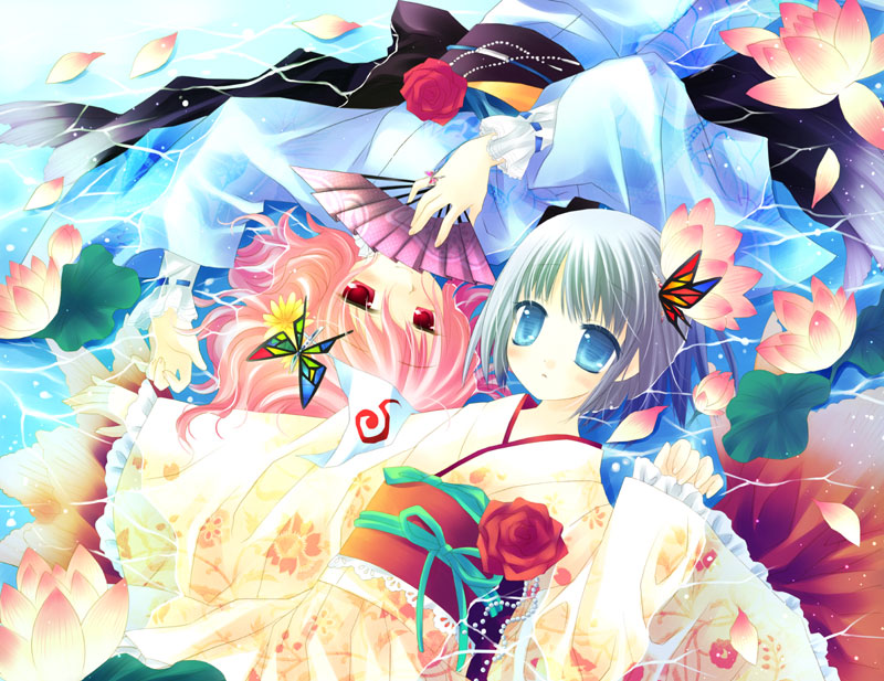 hinayuki usa, sakurazawa izumi, konpaku youmu, saigyouji yuyuko, touhou, silver hair, 2girls, alternate costume, blue eyes, bug, butterfly, female focus, floral print, flower, folding fan, hand fan, insect, japanese clothes, jewelry, kimono, light smile, lily pad, long sleeves, lotus, lying, multiple girls, obi, on back, petals, pink hair, red flower, red rose, ring, rose, sash, short hair, sleeves past wrists, water, wide sleeves