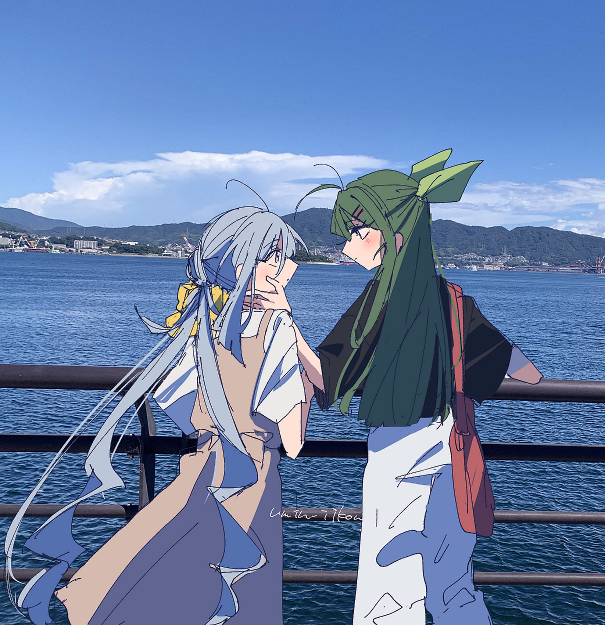 samekun (samekun s), kiyoshimo (kancolle), kiyoshimo kai (rainy season) (kancolle), sugi (kancolle), kantai collection, commentary request, highres, 2girls, ahoge, alternate costume, antenna hair, black shirt, blue sky, brown dress, cloud, day, dress, eye contact, feet out of frame, green eyes, green hair, green ribbon, grey eyes, grey hair, hair between eyes, hair ribbon, hand on another's face, long hair, looking at another, low twintails, mountain, multiple girls, official alternate costume, outdoors, overall skirt, pants, photo background, railing, ribbon, shirt, sky, twintails, water, white pants