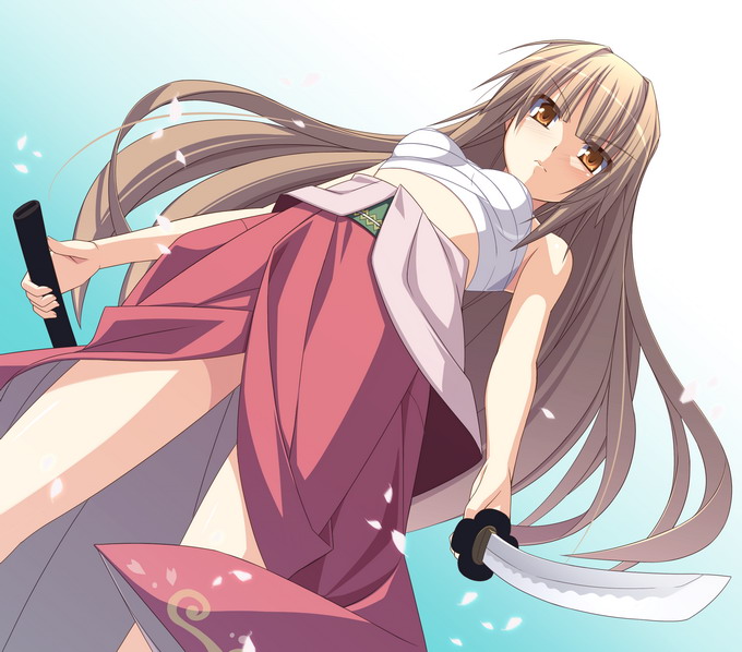 ninozen, seto sun, seto no hanayome, 00s, 1girl, angry, brown hair, dutch angle, female focus, from below, gradient background, japanese clothes, katana, long hair, midriff, orange eyes, petals, sarashi, sheath, solo, sword, very long hair, weapon