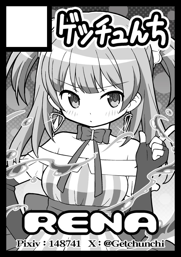 gecchu, minami rena, magia record: mahou shoujo madoka magica gaiden, mahou shoujo madoka magica, commentary request, 1girl, annoyed, back bow, bare shoulders, blunt bangs, bow, bowtie, character name, circle cut, closed mouth, collarbone, collared dress, cowboy shot, dot nose, dress, earrings, elbow gloves, expressionless, fingerless gloves, frilled sleeves, frills, frown, gloves, greyscale, hair ornament, hair scrunchie, halftone, halftone background, hand on own hip, jewelry, light blush, long hair, looking at viewer, magical girl, monochrome, off-shoulder dress, off shoulder, official style, polka dot, polka dot background, sash, scrunchie, short sleeves, solo, standing, striped clothes, striped dress, tareme, triangle earrings, twitter username, two side up, vertical-striped clothes, vertical-striped dress, waist sash, water drop