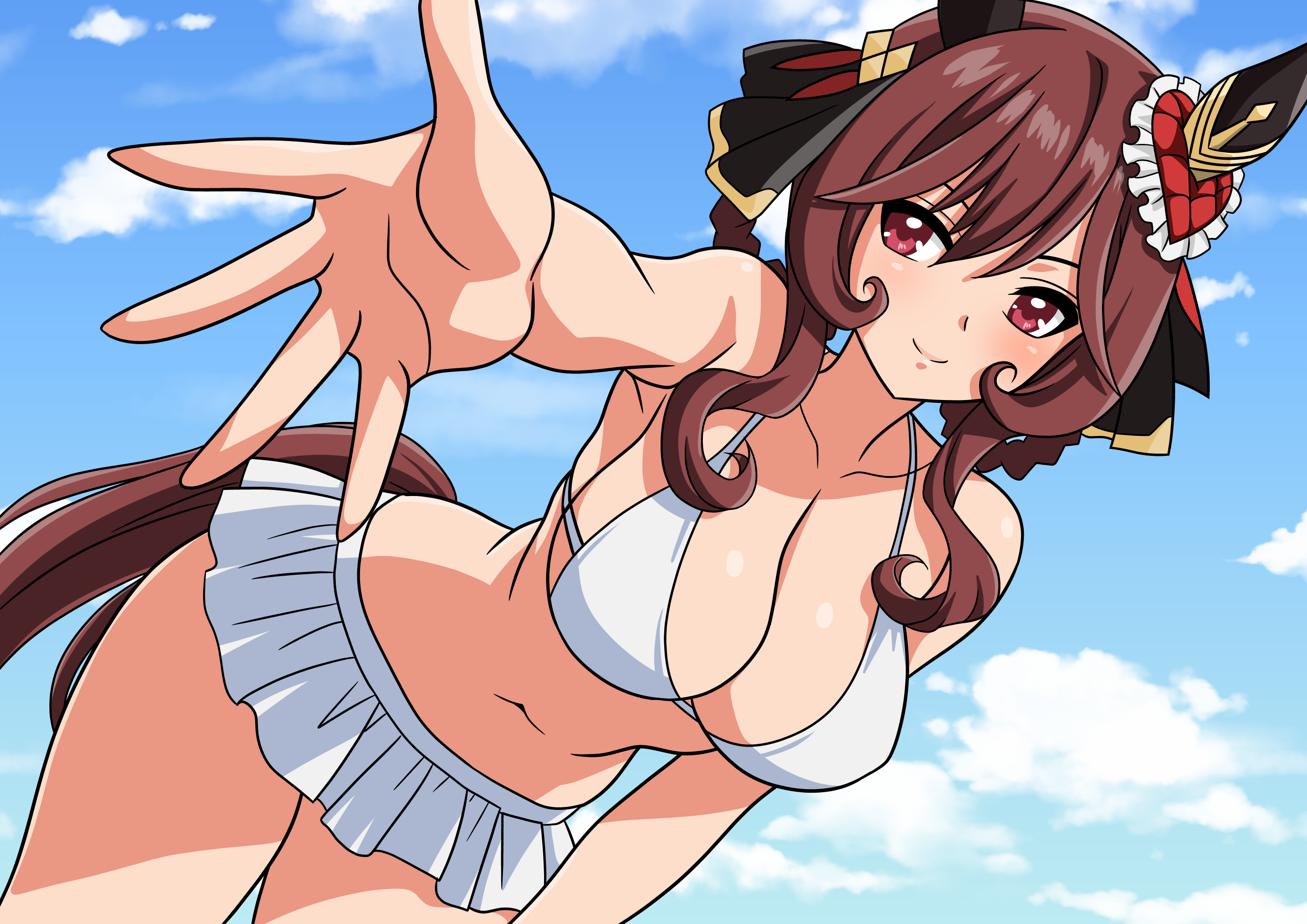 yuuyuu (3jjbn), gentildonna (umamusume), umamusume, highres, 1girl, animal ears, bikini, bikini skirt, blue sky, braid, braided hair rings, breasts, brown hair, cleavage, cloud, cowboy shot, dutch angle, ear covers, foreshortening, hair rings, heart-shaped ornament, heart ear ornament, horse ears, horse girl, horse tail, large breasts, looking at viewer, navel, pleated skirt, red eyes, skirt, sky, smile, solo, swimsuit, tail, white bikini