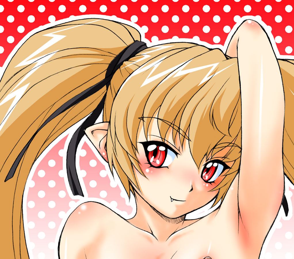 kouda tomohiro, pachira, renkin san-kyuu magical pokaan, 1girl, arm behind head, armpits, blonde hair, fang, female focus, flat chest, long hair, nipples, red eyes, seductive smile, smile, solo, twintails, upper body, vampire