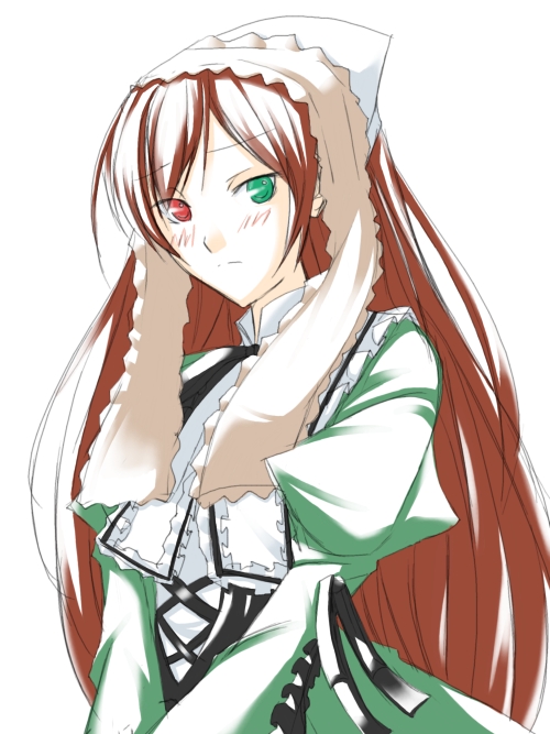 ribi, suiseiseki, rozen maiden, 00s, 1girl, blush, brown hair, closed mouth, dress, female focus, green dress, green eyes, headscarf, heterochromia, juliet sleeves, long hair, long sleeves, looking at viewer, puffy long sleeves, puffy sleeves, red eyes, smile, solo, sweatdrop, upper body, very long hair, white headscarf