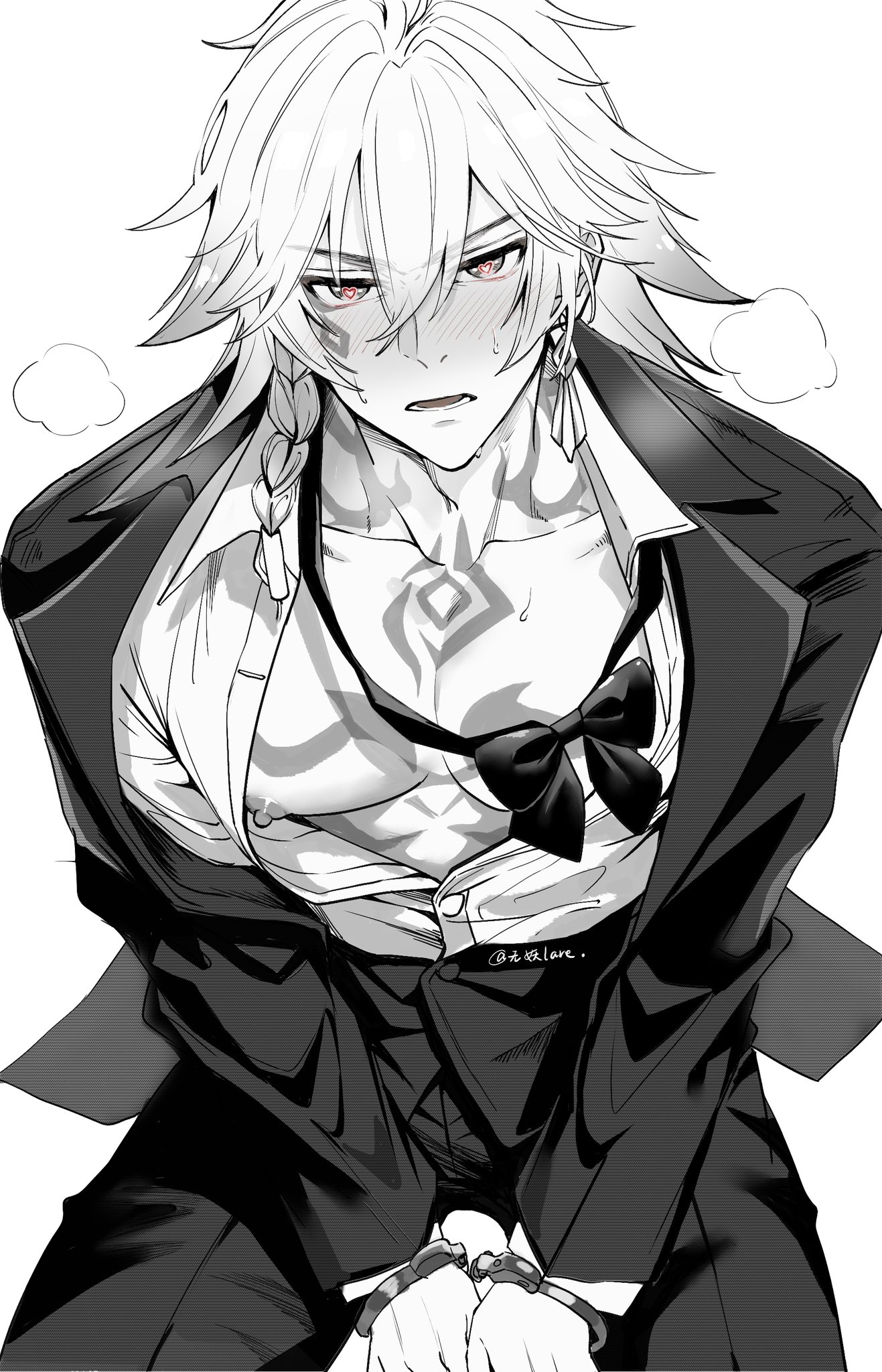 mydei (honkai: star rail), honkai: star rail, honkai (series), hashtag-only commentary, highres, 1boy, black bow, black bowtie, black jacket, black pants, blush, bound, bound arms, bow, bowtie, braid, chest tattoo, cuffs, earrings, facial tattoo, greyscale, hair between eyes, handcuffs, heart, heart-shaped pupils, jacket, jewelry, lare03205710818, large pectorals, loose bowtie, male focus, medium hair, monochrome, muscular, muscular male, open clothes, open jacket, pants, partially unbuttoned, pectoral cleavage, pectorals, shirt, side braid, simple background, solo, spot color, symbol-shaped pupils, tattoo, white background, white shirt
