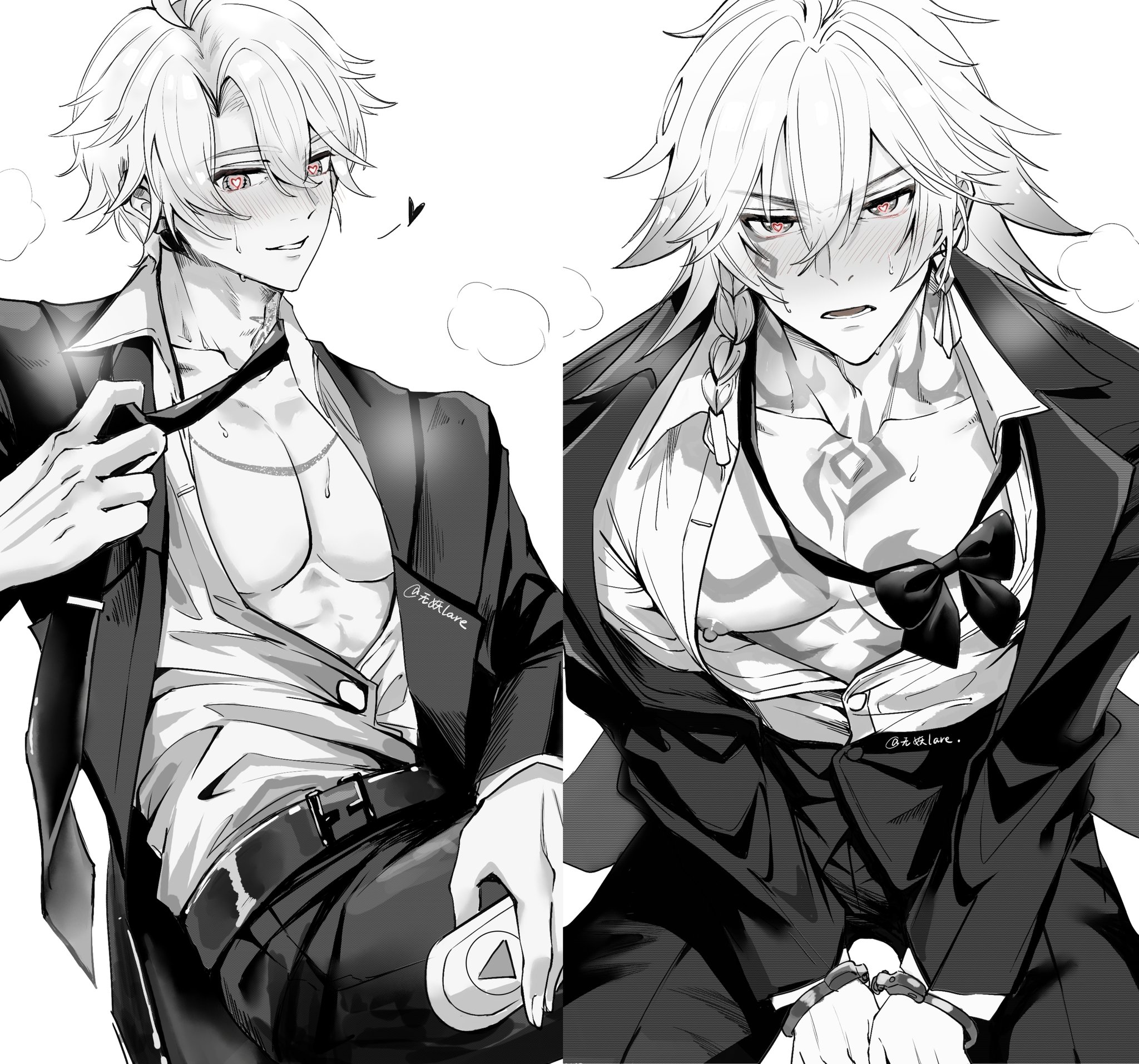 mydei (honkai: star rail), phainon (honkai: star rail), honkai: star rail, honkai (series), hashtag-only commentary, highres, antenna hair, belt, black belt, black bow, black bowtie, black jacket, black necktie, black pants, blush, bound, bound arms, bow, bowtie, braid, chest tattoo, collared shirt, cuffs, earrings, facial tattoo, greyscale, hair between eyes, handcuffs, heart, heart-shaped pupils, jacket, jewelry, lare03205710818, large pectorals, loose bowtie, loose necktie, male focus, medium hair, monochrome, muscular, muscular male, necktie, open clothes, open jacket, pants, parted bangs, partially unbuttoned, pectoral cleavage, pectorals, shirt, short hair, side braid, simple background, spot color, symbol-shaped pupils, tattoo, toned, toned male, white background, white shirt, yaoi