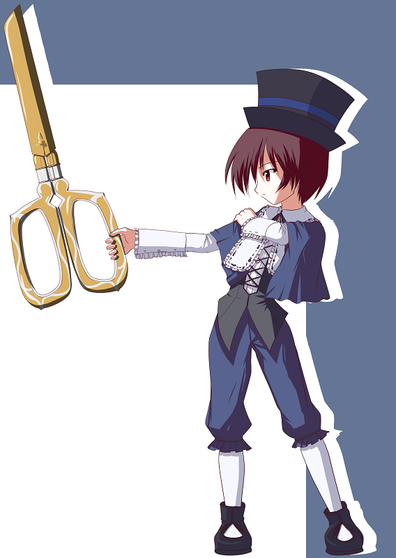 fictional sister, souseiseki, rozen maiden, 00s, 1girl, blue dress, contrapposto, dress, female focus, from side, hat, holding, holding weapon, kneehighs, long sleeves, outstretched arm, pantyhose, profile, red eyes, scissors, shoes, socks, solo, standing, top hat, weapon, white socks