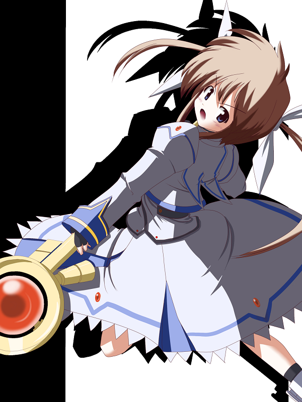 fictional sister, raising heart, takamachi nanoha, lyrical nanoha, mahou shoujo lyrical nanoha, mahou shoujo lyrical nanoha a's, 00s, 1girl, female focus, fingerless gloves, gloves, magazine (weapon), magical girl, purple eyes, red hair, solo, twintails