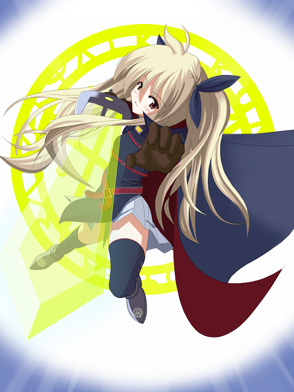 fictional sister, bardiche (nanoha), bardiche (zanber form) (nanoha), fate testarossa, fate testarossa (lightning form), lyrical nanoha, mahou shoujo lyrical nanoha, mahou shoujo lyrical nanoha a's, 00s, 1girl, belt, blonde hair, cape, energy sword, female focus, gloves, magic circle, magical girl, solo, sword, thighhighs, twintails, weapon