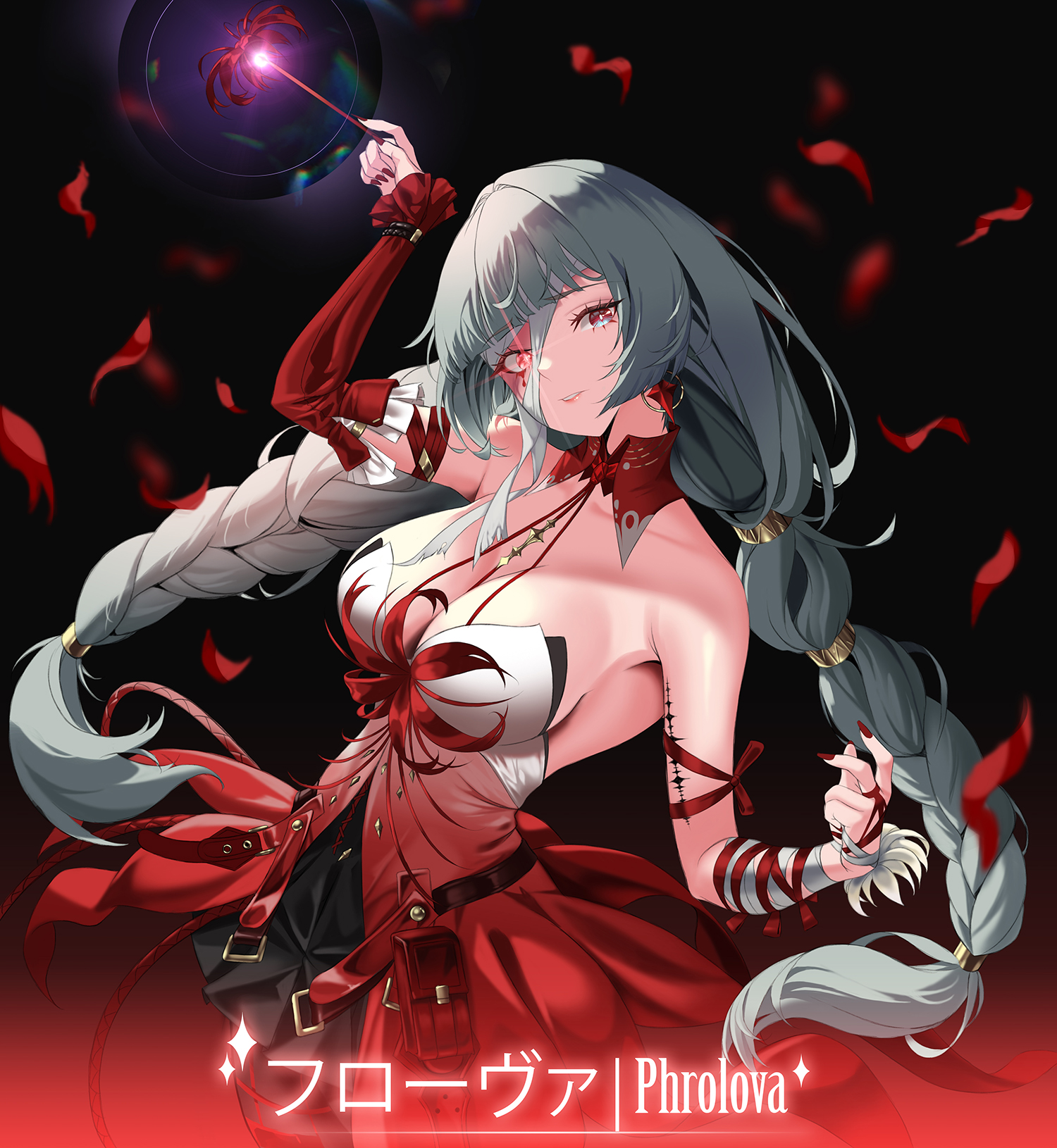 mad kimo, phrolova (wuthering waves), wuthering waves, commentary, highres, 1girl, arm up, bandaged arm, bandages, bare shoulders, black skirt, blood, bloody tears, braid, breasts, character name, cleavage, cowboy shot, detached sleeves, dress, earrings, falling petals, fingernails, flower, grey hair, halter dress, halterneck, heterochromia, holding, holding flower, jewelry, large breasts, long fingernails, long hair, long sleeves, looking at viewer, loose bandages, low twin braids, nail polish, parted lips, petals, red dress, red eyes, red nails, single detached sleeve, skirt, solo, spider lily, tacet mark (wuthering waves), twin braids