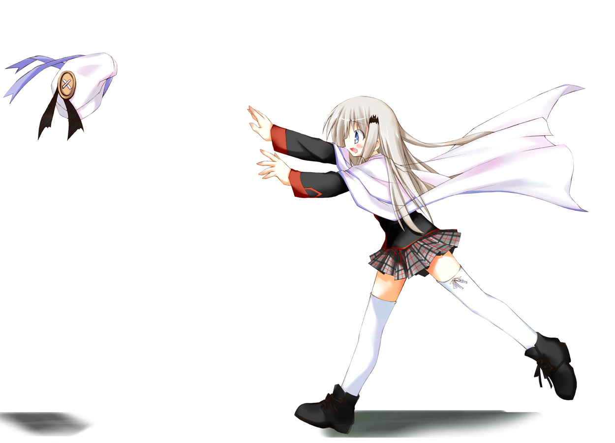 mizuno minato, noumi kudryavka, little busters!, silver hair, blue eyes, blush, buttons, cape, fang, hat, large buttons, long hair, school uniform, serafuku, skirt, solo, thighhighs, zettai ryouiki
