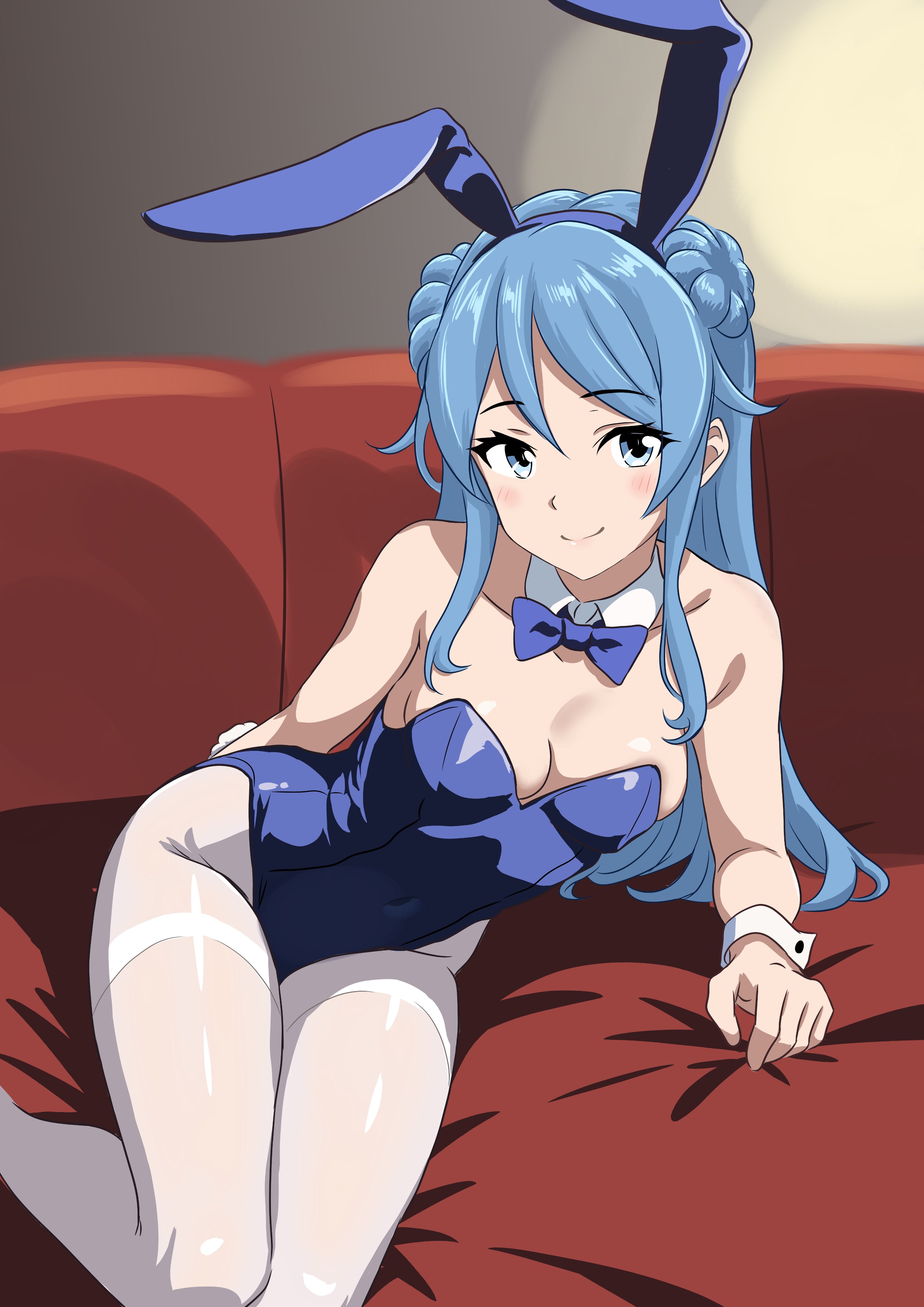 urakaze (kancolle), kantai collection, absurdres, highres, 1girl, animal ear hairband, animal ears, blue bow, blue bowtie, blue eyes, blue leotard, bone namu (namu49850), bow, bowtie, breasts, bunny day, cleavage, couch, detached collar, donut hair bun, double bun, fake animal ears, feet out of frame, hair bun, hairband, leotard, long hair, looking at viewer, medium breasts, pantyhose, playboy bunny, rabbit ears, sitting, solo, strapless, strapless leotard, thighband pantyhose, white pantyhose, wrist cuffs