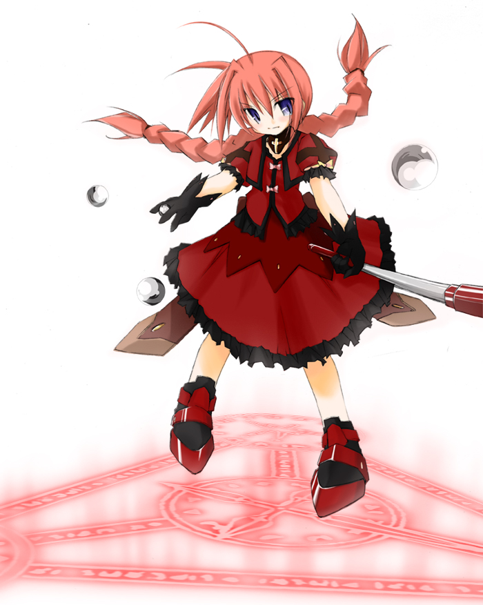 mizuno minato, graf eisen, vita (nanoha), lyrical nanoha, mahou shoujo lyrical nanoha, mahou shoujo lyrical nanoha a's, 00s, 1girl, blue eyes, braid, female focus, gloves, red hair, skirt, solo, twin braids