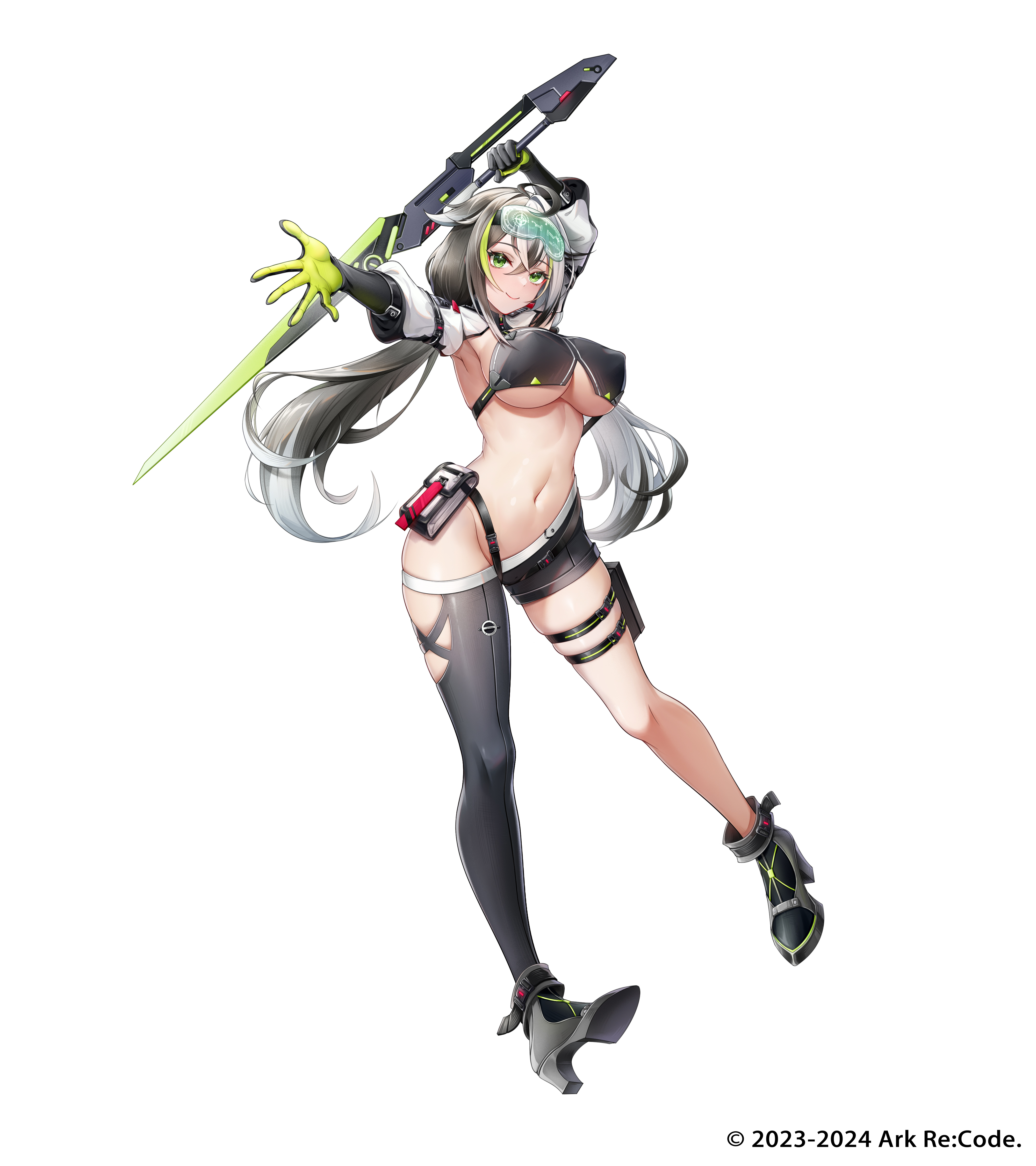 ark re:code, absurdres, chinese commentary, commentary request, highres, official art, 1girl, ahoge, armpits, arms up, asymmetrical clothes, bikini, bikini top only, black bikini, black boots, black gloves, black hair, black pants, boots, breasts, closed mouth, copyright notice, covered erect nipples, elbow gloves, eyewear on head, full body, gloves, green eyes, green gloves, groin, hair between eyes, high heel boots, high heels, holding, holding sword, holding weapon, large breasts, liangzhi lzlz, looking at viewer, multicolored hair, navel, outstretched arm, pants, pouch, shrug (clothing), sidelocks, simple background, single pantsleg, skindentation, smile, solo, split-color hair, standing, standing on one leg, stomach, swimsuit, sword, tachi-e, taya (ark re:code), thigh pouch, two-tone gloves, two-tone hair, underboob, weapon, white background, white hair, white shrug