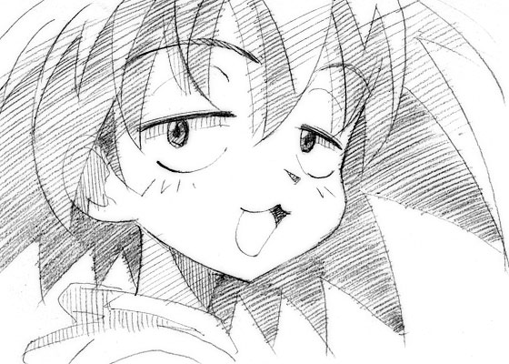gofu, kurihara nagisa, sketchbook full colors, graphite (medium), traditional media, 00s, 1girl, :3, female focus, greyscale, monochrome, open mouth, sketch, solo