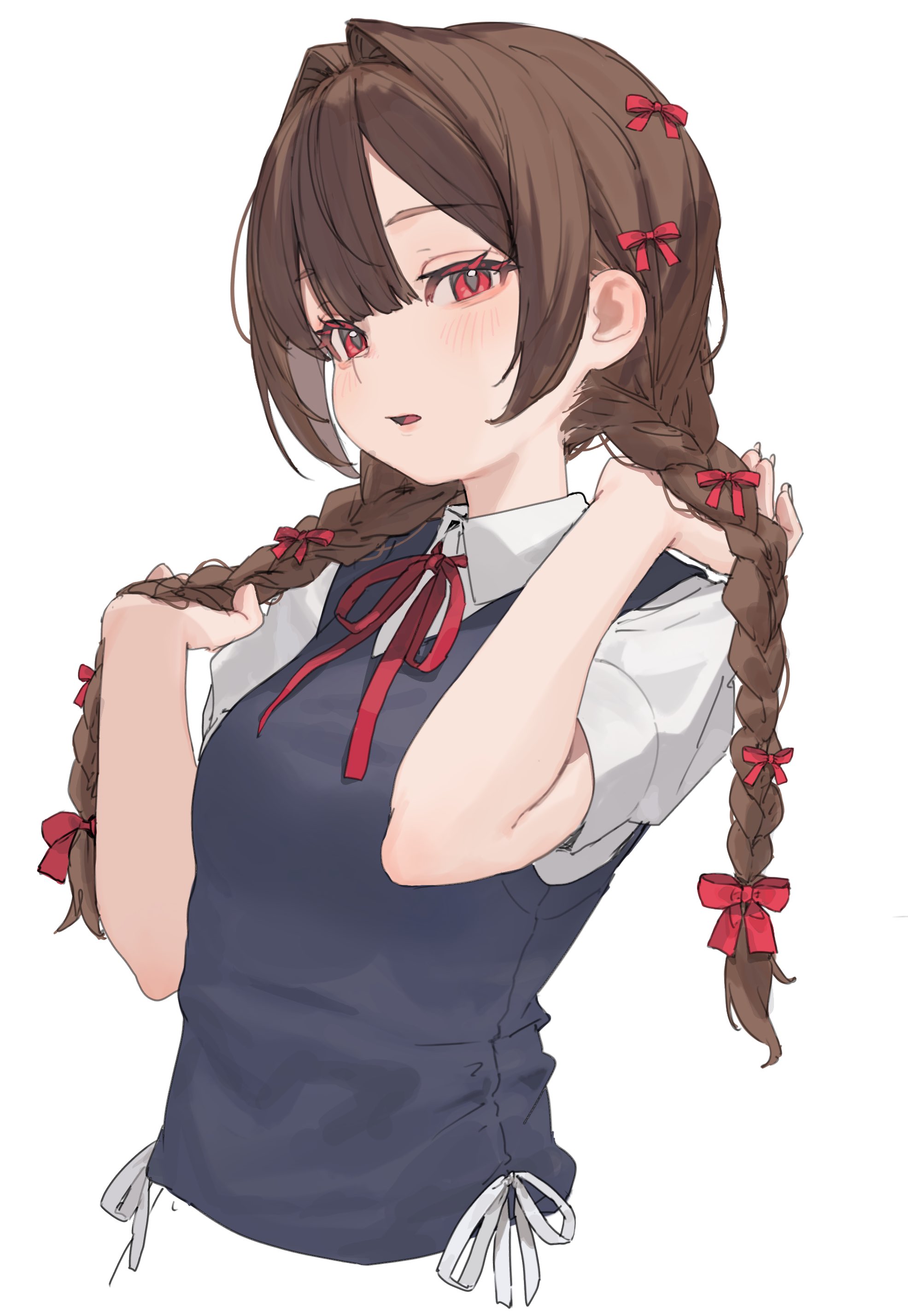 hamunezuko (nezukonezu32), original, absurdres, commentary, highres, 1girl, adjusting hair, blue vest, bow, braid, brown hair, hair bow, long hair, multiple hair bows, neck ribbon, parted lips, red bow, red eyes, red ribbon, ribbon, shirt, simple background, solo, twin braids, upper body, vest, white background, white shirt