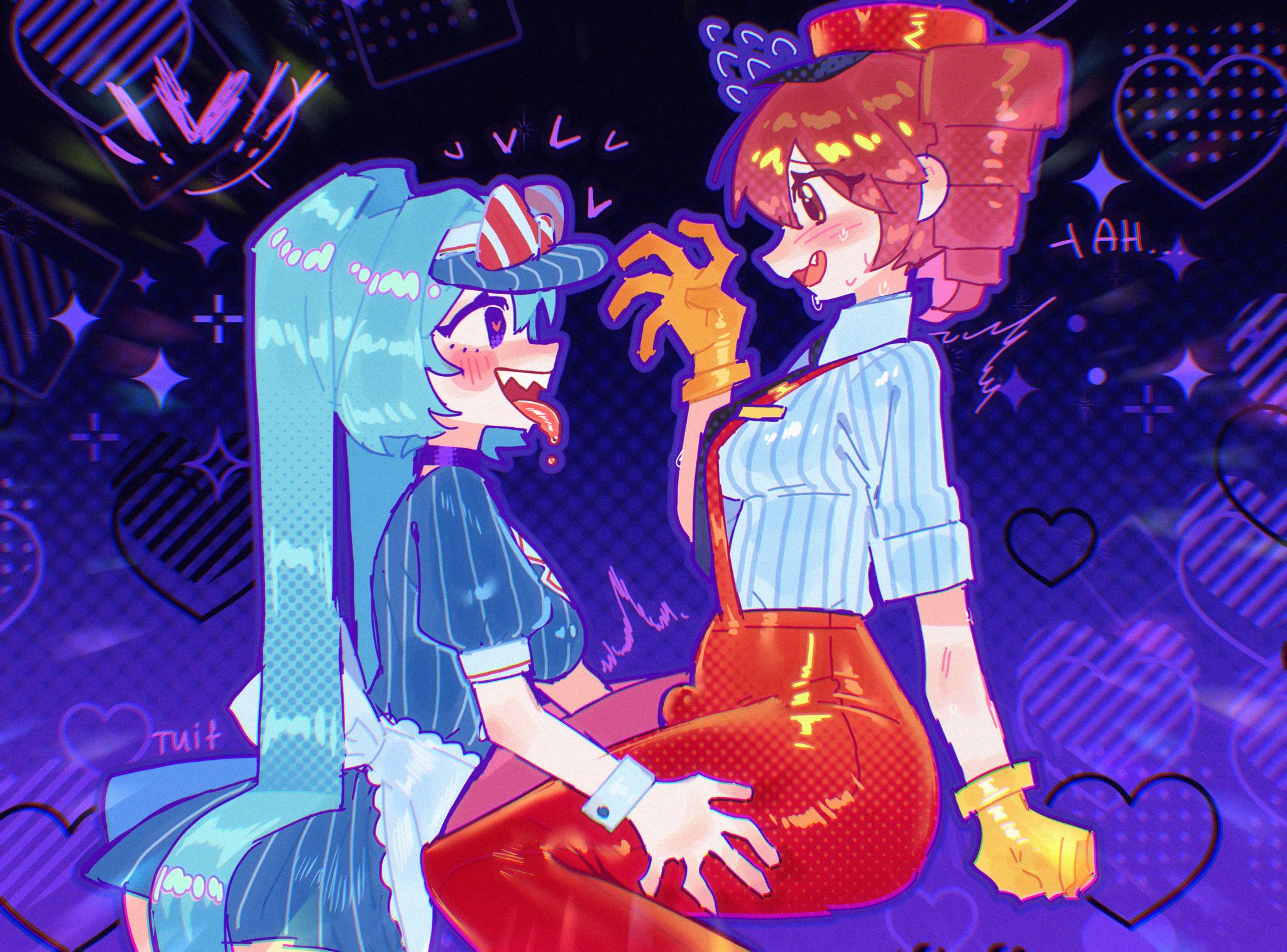 tuiffff, hatsune miku, kasane teto, mesmerizer (vocaloid), utau, vocaloid, derivative work, highres, 2girls, ai-generated art (topic), apron, aqua hair, artist name, blue dress, blush, bulge, dress, drill hair, english text, futanari, gloves, hat, invisible chair, long hair, meme, multiple girls, open mouth, pants, pinstripe dress, pinstripe hat, pinstripe pattern, pinstripe shirt, profile, puffy short sleeves, puffy sleeves, red hair, red hat, red pants, red suspenders, sharp teeth, shirt, short sleeves, sitting, smile, teeth, the tiktok incident (meme), tongue, tongue out, twin drills, twintails, visor cap, waist apron, white apron, yellow gloves