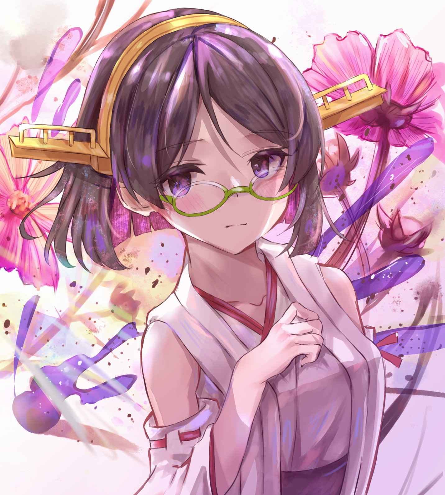 womisoba, kirishima (kancolle), kantai collection, highres, 1girl, black hair, colored inner hair, cosmos (flower), detached sleeves, flower, glasses, green-framed eyewear, headgear, japanese clothes, multicolored hair, purple hair, ribbon-trimmed sleeves, ribbon trim, short hair, smile, solo, upper body