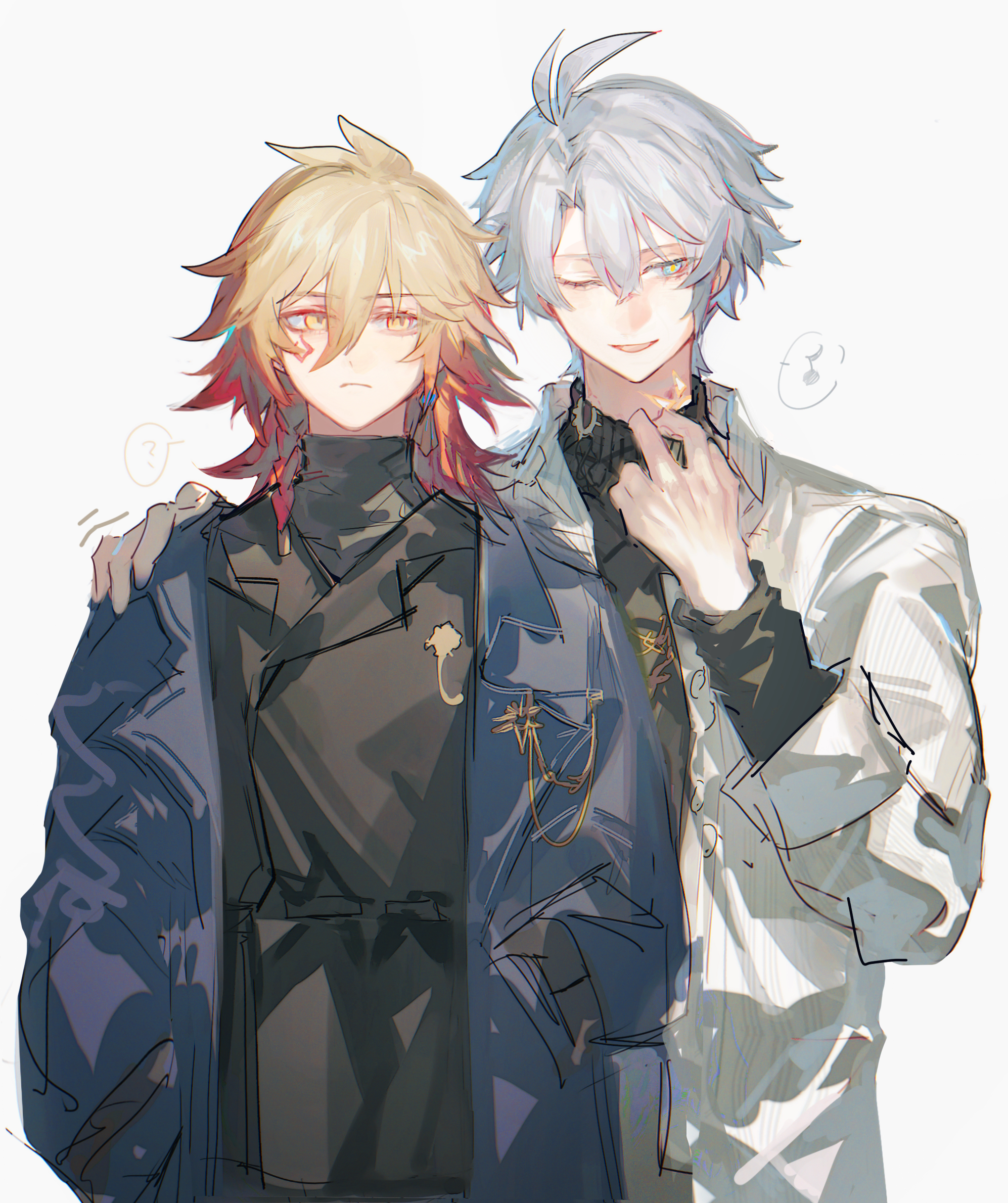 dichlorvos, mydei (honkai: star rail), phainon (honkai: star rail), honkai: star rail, honkai (series), chinese commentary, commentary request, highres, 2boys, ?, antenna hair, black coat, black sweater, blonde hair, blue eyes, braid, coat, collared shirt, facial tattoo, gradient hair, hair between eyes, hand on another's shoulder, male focus, medium hair, multicolored hair, multiple boys, musical note, parted bangs, phainon (luckin coffee) (honkai: star rail), purple coat, red hair, red tattoo, shirt, short hair, side braid, simple background, spoken musical note, spoken question mark, sweater, tattoo, turtleneck, turtleneck sweater, white background, white hair, white shirt, yellow eyes