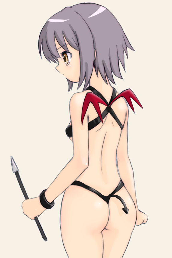 yuuichi (tareme paradise), nagato yuki, suzumiya haruhi no yuuutsu, 00s, bikini, black bikini, demon tail, demon wings, micro bikini, polearm, solo, spear, swimsuit, tail, weapon, wings