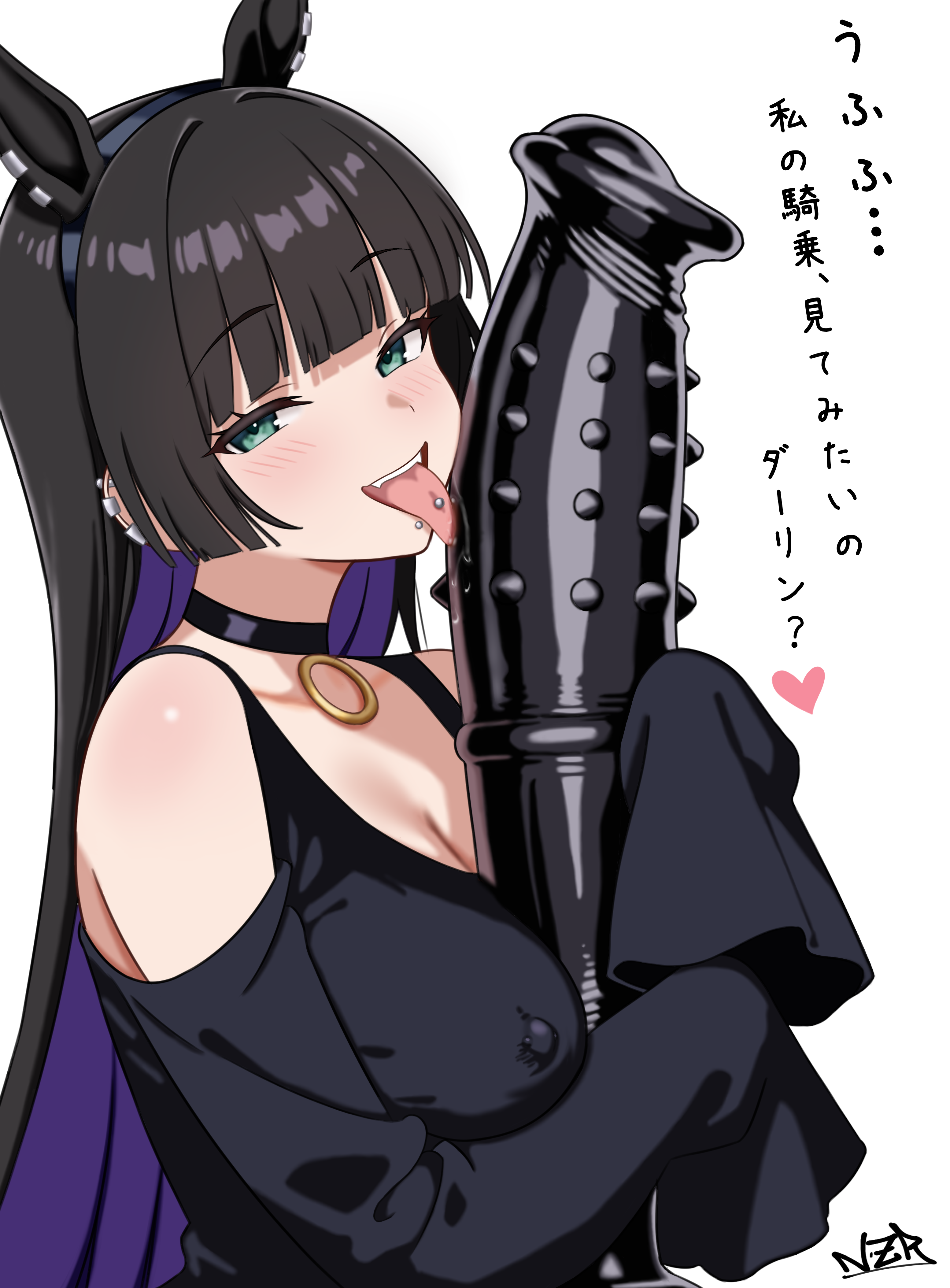nazara774, pa-san, bocchi the rock!, absurdres, commentary, english commentary, highres, translated, 1girl, animal ears, barbell piercing, black choker, black dress, black hair, black hairband, blunt bangs, blush, breasts, chin piercing, choker, cleavage, clothing cutout, colored inner hair, covered erect nipples, dildo, dress, ear piercing, earclip, face piercing, fake animal ears, fellatio, green eyes, hairband, half-closed eyes, heart, hime cut, horse dildo, horse ears, huge dildo, industrial piercing, licking, licking dildo, long hair, looking at viewer, medium breasts, multicolored hair, nipple piercing, open mouth, oral, piercing, purple hair, sex toy, shoulder cutout, signature, simple background, simulated fellatio, sleeves past fingers, sleeves past wrists, smile, solo, spiked dildo, straight hair, tongue, tongue out, tongue piercing, two-tone hair, upper body, white background