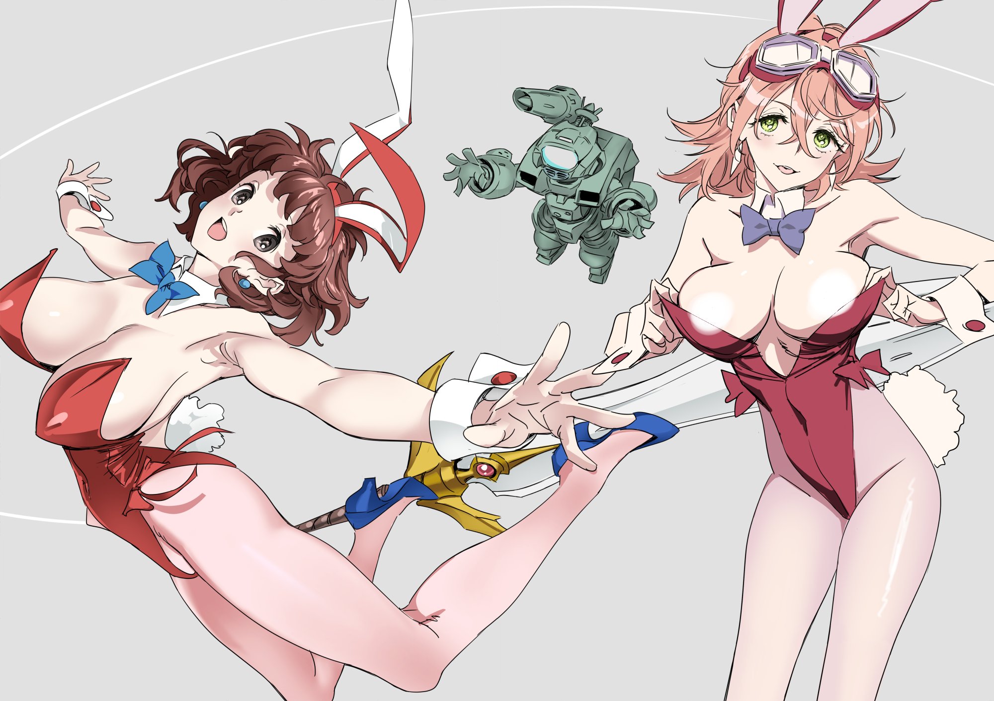 nishieda, daicon bunny girl, haruhara haruko, daicon iv, flcl, gainax, commentary request, highres, 2girls, animal ear hairband, animal ears, arched back, blue bow, blue bowtie, bow, bowtie, breasts, brown eyes, brown hair, company connection, detached collar, fake animal ears, flipped hair, goggles, goggles on head, green eyes, grey background, hairband, large breasts, leotard, looking at viewer, mecha, multiple girls, pantyhose, pink hair, pink pantyhose, playboy bunny, rabbit ears, rabbit tail, red leotard, robot, short hair, side-tie leotard, simple background, strapless, strapless leotard, sword, tail, weapon, wrist cuffs