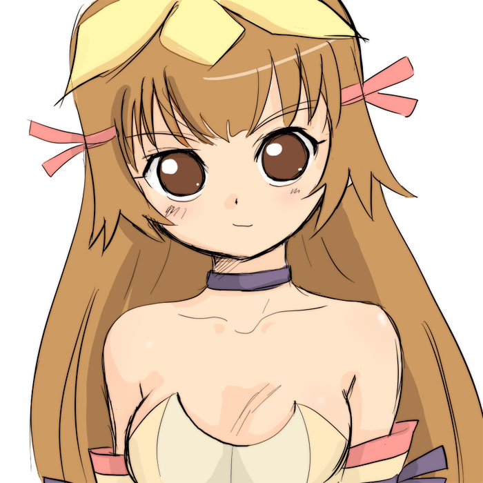 yuuichi (tareme paradise), re mii, zoids, zoids genesis, 00s, 1girl, bare shoulders, breasts, brown eyes, brown hair, choker, female focus, long hair, simple background, smile, solo