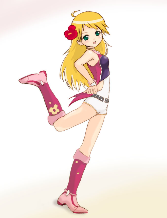 yuuichi (tareme paradise), hoshii miki, idolmaster, idolmaster (classic), idolmaster 1, 00s, 1girl, :d, ahoge, bare shoulders, belt, blonde hair, blush, boots, bracelet, buckle, cool & sexy (idolmaster), female focus, flower, full body, hair flower, hair ornament, hands on own hips, hibiscus, jewelry, knee boots, leg up, long hair, looking at viewer, open mouth, red boots, simple background, smile, solo, standing, standing on one leg, white background