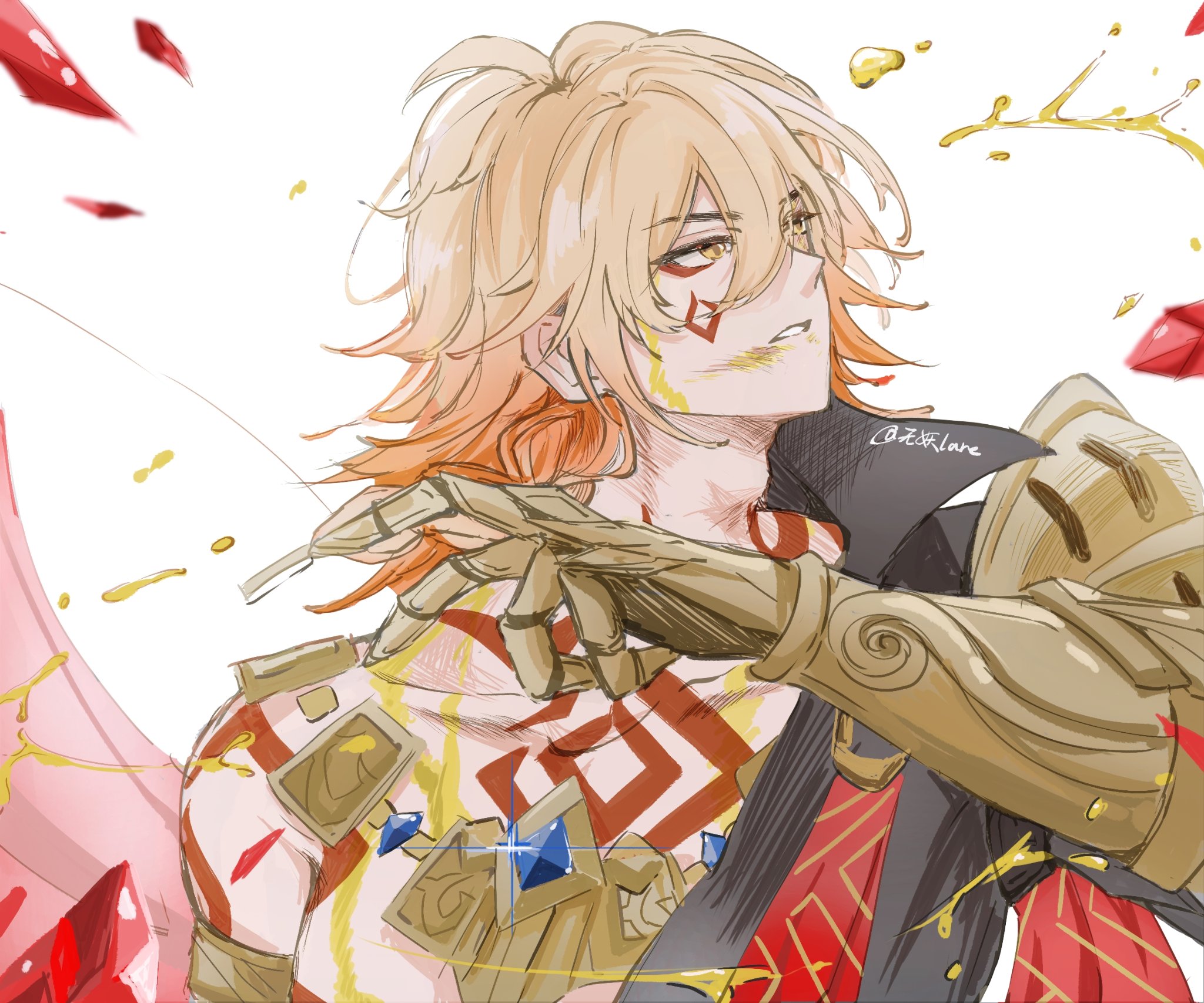 mydei (honkai: star rail), honkai: star rail, honkai (series), hashtag-only commentary, highres, 1boy, arm tattoo, armlet, armor, black coat, blonde hair, braid, chest tattoo, clawed gauntlets, coat, crystal, earrings, facial tattoo, gold earrings, gold necklace, gradient hair, hair between eyes, jewelry, lare03205710818, male focus, medium hair, multicolored hair, necklace, open clothes, open coat, pauldrons, red hair, red tattoo, shoulder armor, side braid, simple background, single pauldron, solo, tattoo, white background, yellow blood, yellow eyes