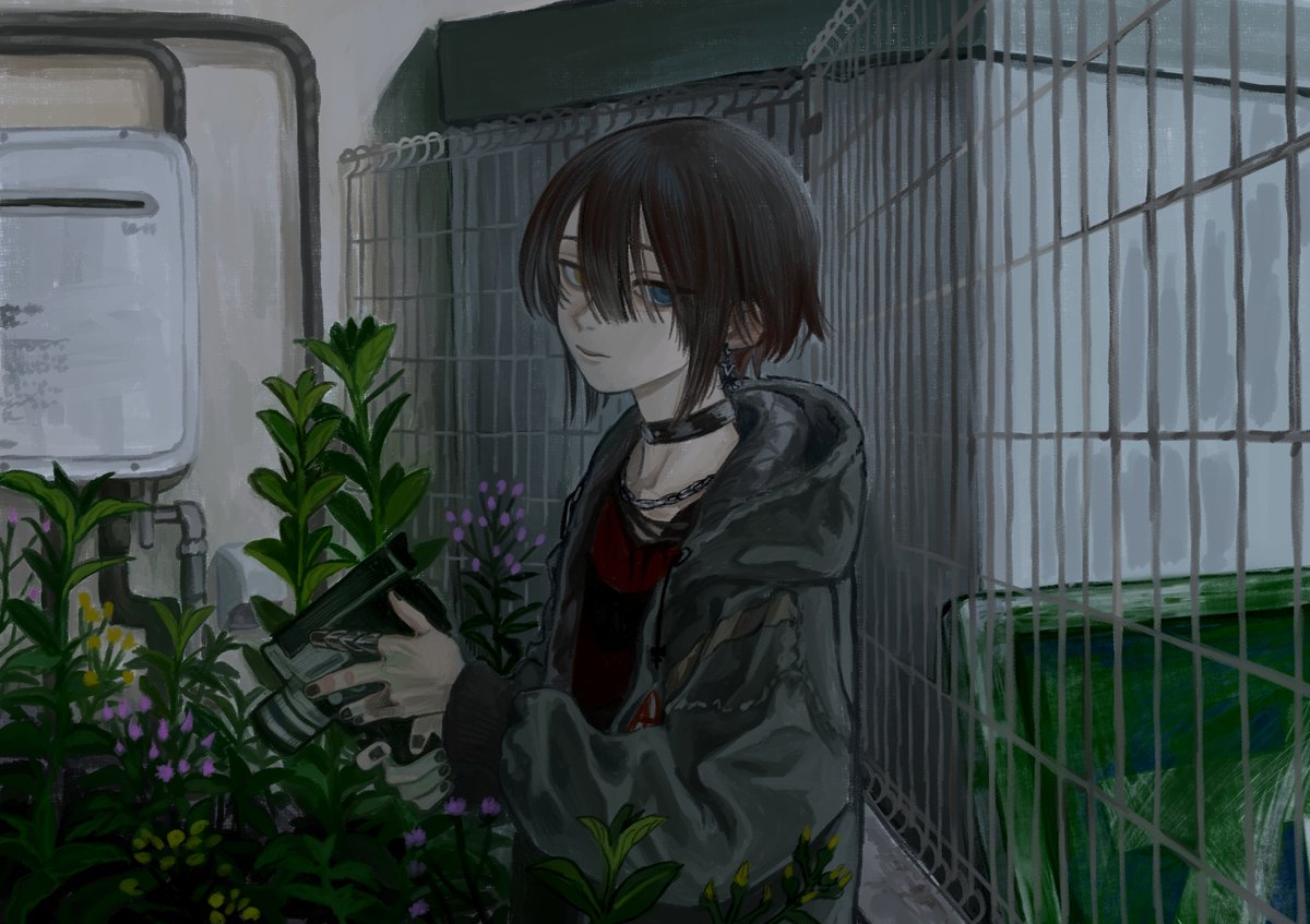 koze niire, mashiro meme, mashiro meme (3rd costume), nijisanji, hashtag-only commentary, 1boy, black choker, black hair, black hoodie, black nails, black shirt, chain, chain necklace, choker, closed mouth, cloud, cloudy sky, expressionless, hair between eyes, heterochromia, holding, holding plant, hood, hood down, hoodie, jewelry, looking at viewer, male focus, multicolored hair, nail polish, necklace, official alternate costume, outdoors, plant, potted plant, shirt, short hair, sky, solo, streaked hair, virtual youtuber