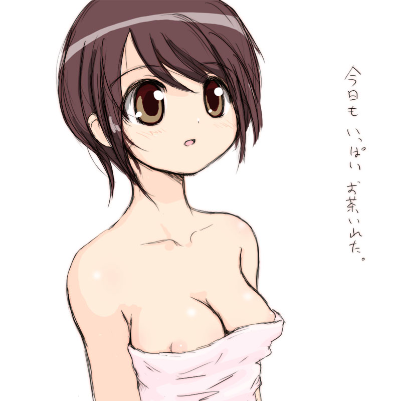 yuuichi (tareme paradise), nitou kaneru, doujin work, 00s, 1girl, breasts, brown hair, female focus, medium breasts, naked towel, nipple slip, nipples, solo, towel