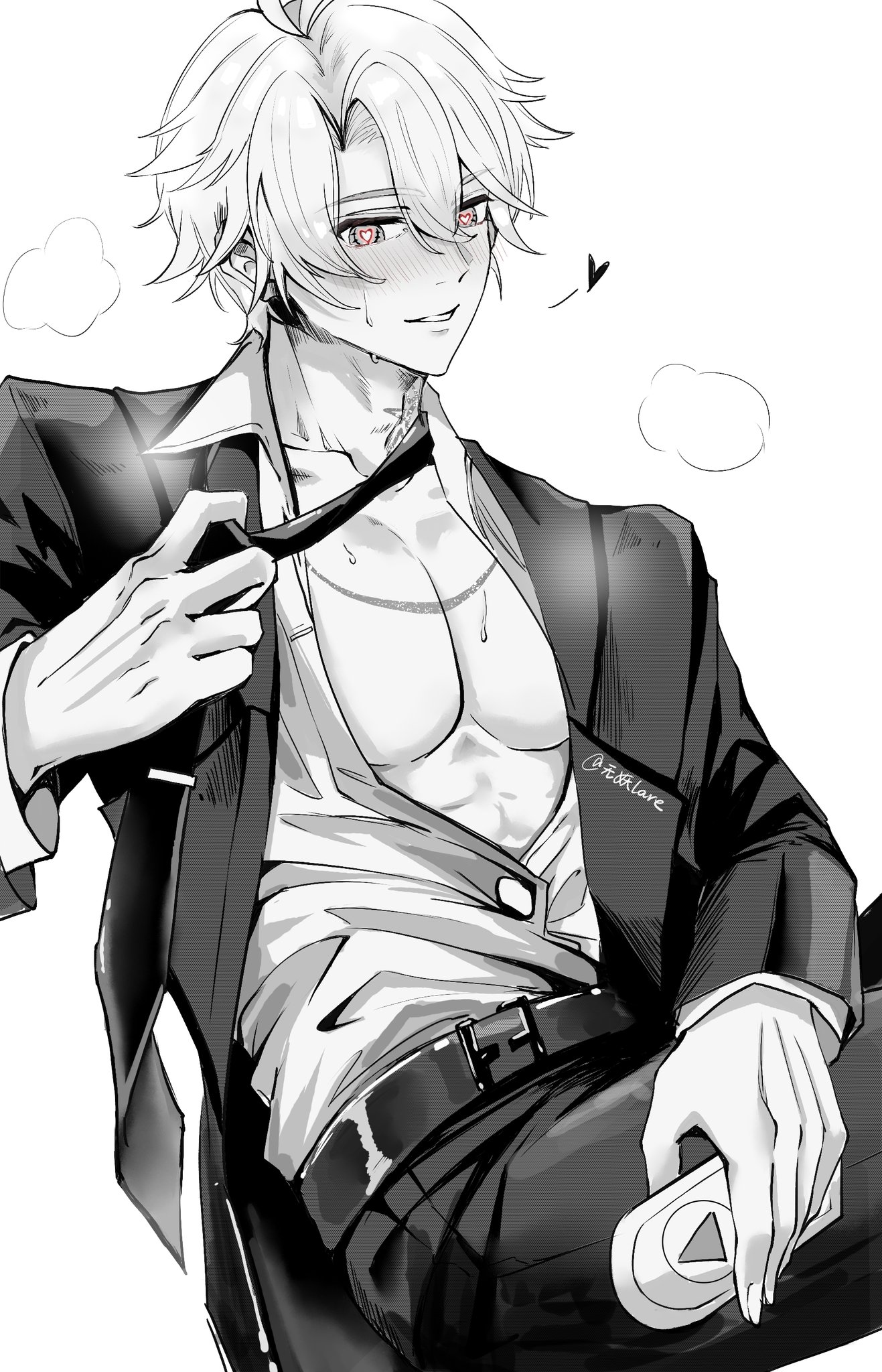 phainon (honkai: star rail), honkai: star rail, honkai (series), hashtag-only commentary, highres, 1boy, antenna hair, belt, black belt, black jacket, black necktie, black pants, blush, collared shirt, greyscale, heart, heart-shaped pupils, jacket, lare03205710818, loose necktie, male focus, monochrome, necktie, open clothes, open jacket, pants, parted bangs, partially unbuttoned, pectoral cleavage, pectorals, shirt, short hair, simple background, solo, spot color, symbol-shaped pupils, toned, toned male, white background, white shirt