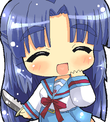 hahifuhe, asakura ryoko, suzumiya haruhi no yuuutsu, eyebrows, lowres, 00s, 1girl, :d, ^ ^, blue hair, blush, chibi, closed eyes, facing viewer, female focus, heart, heart in mouth, knife, long hair, oekaki, open mouth, school uniform, serafuku, smile, solo
