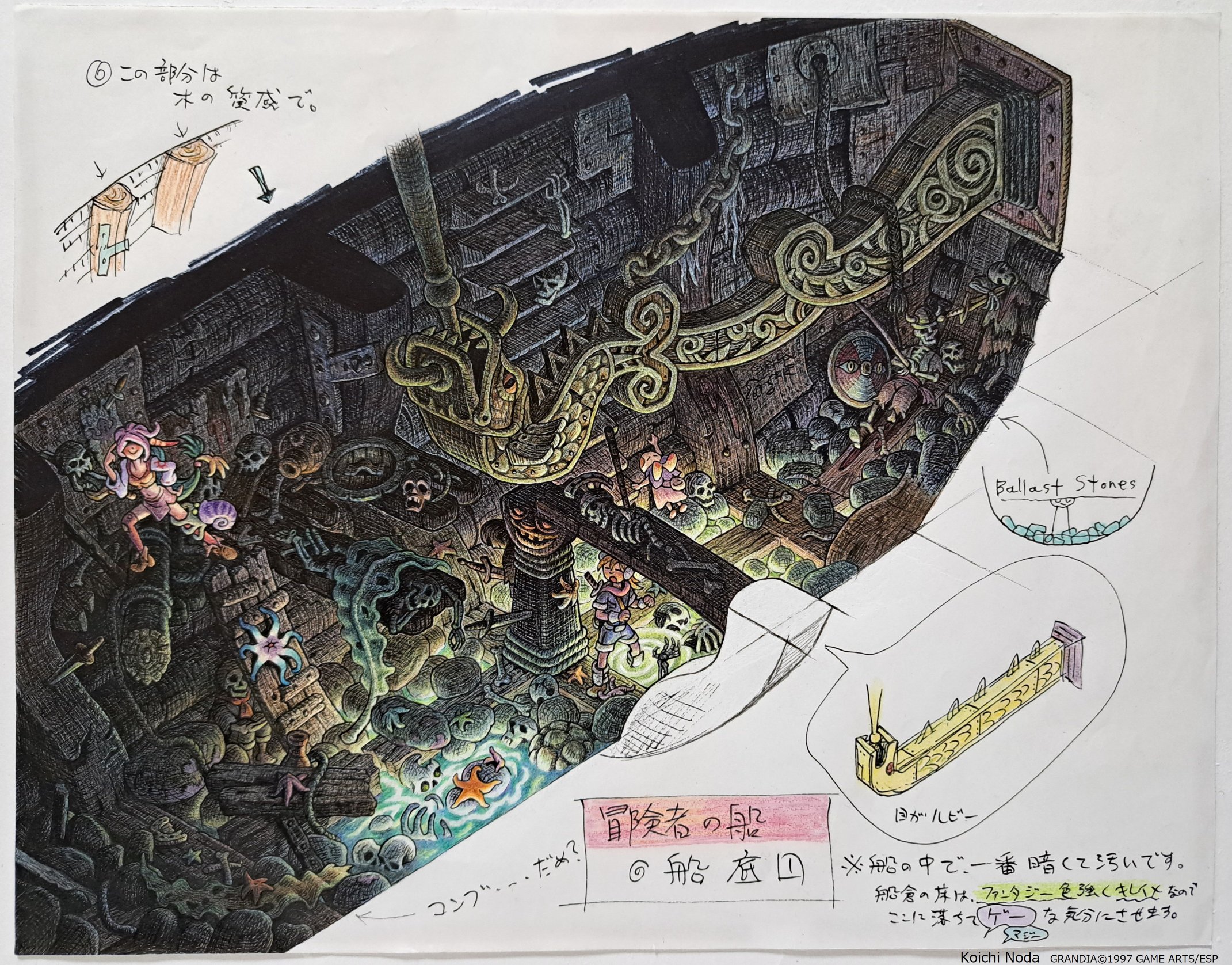 koichi noda, feena (grandia), justin (grandia), puui (grandia), sue (grandia), grandia, grandia i, highres, official art, 1boy, 2girls, green hair, hair ornament, hat, long hair, low-tied long hair, midriff, multiple girls, open mouth, pirate, shield, ship, skeleton, skirt, starfish, sword, sword on back, thighhighs, treasure chest, water, watercraft, weapon, weapon on back, wide sleeves