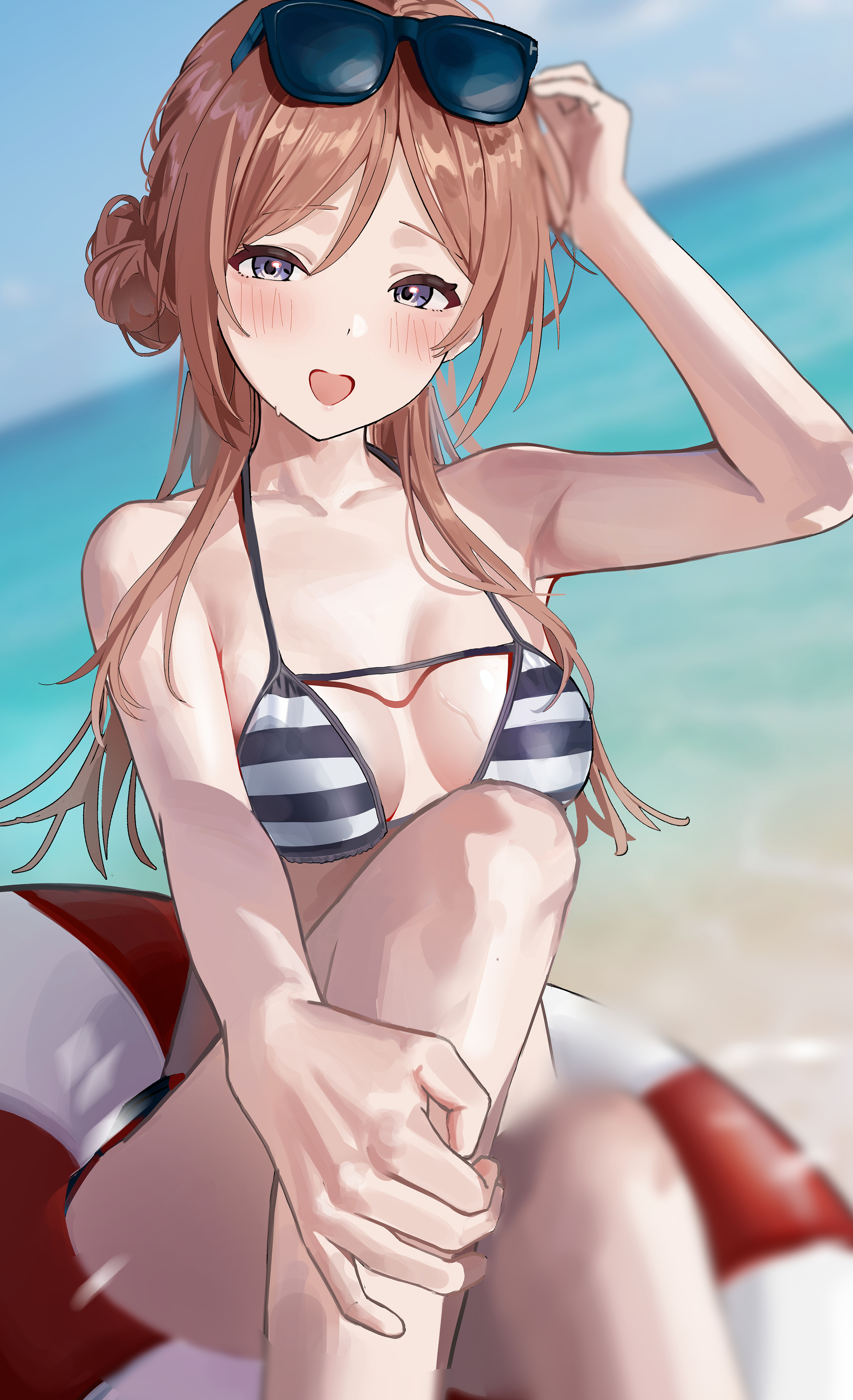 aweqdre, himesaki rinami, gakuen idolmaster, idolmaster, absurdres, commentary request, highres, 1girl, armpits, beach, bikini, black bikini, blue sky, blurry, blurry background, blush, breasts, brown hair, collarbone, depth of field, eyewear on head, feet out of frame, grey eyes, hair bun, halterneck, hand on own head, hand on own leg, hand up, horizontal-striped clothes, innertube, medium breasts, multi-strapped bikini top, ocean, open mouth, outdoors, side up bun, single side bun, sitting, sky, solo, striped bikini, striped clothes, sunglasses, sweat, swim ring, swimsuit, white bikini