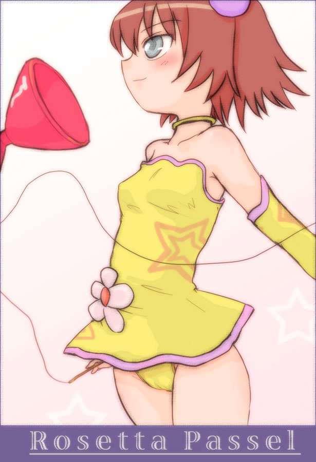 yuuichi (tareme paradise), rosetta passel, kaleido star, 00s, 1girl, bare shoulders, blue eyes, blush, breasts, character name, choker, cowboy shot, detached sleeves, diabolo, female focus, flat chest, flower, gradient background, no bra, red hair, short hair, simple background, small breasts, smile, solo, standing, star (symbol)