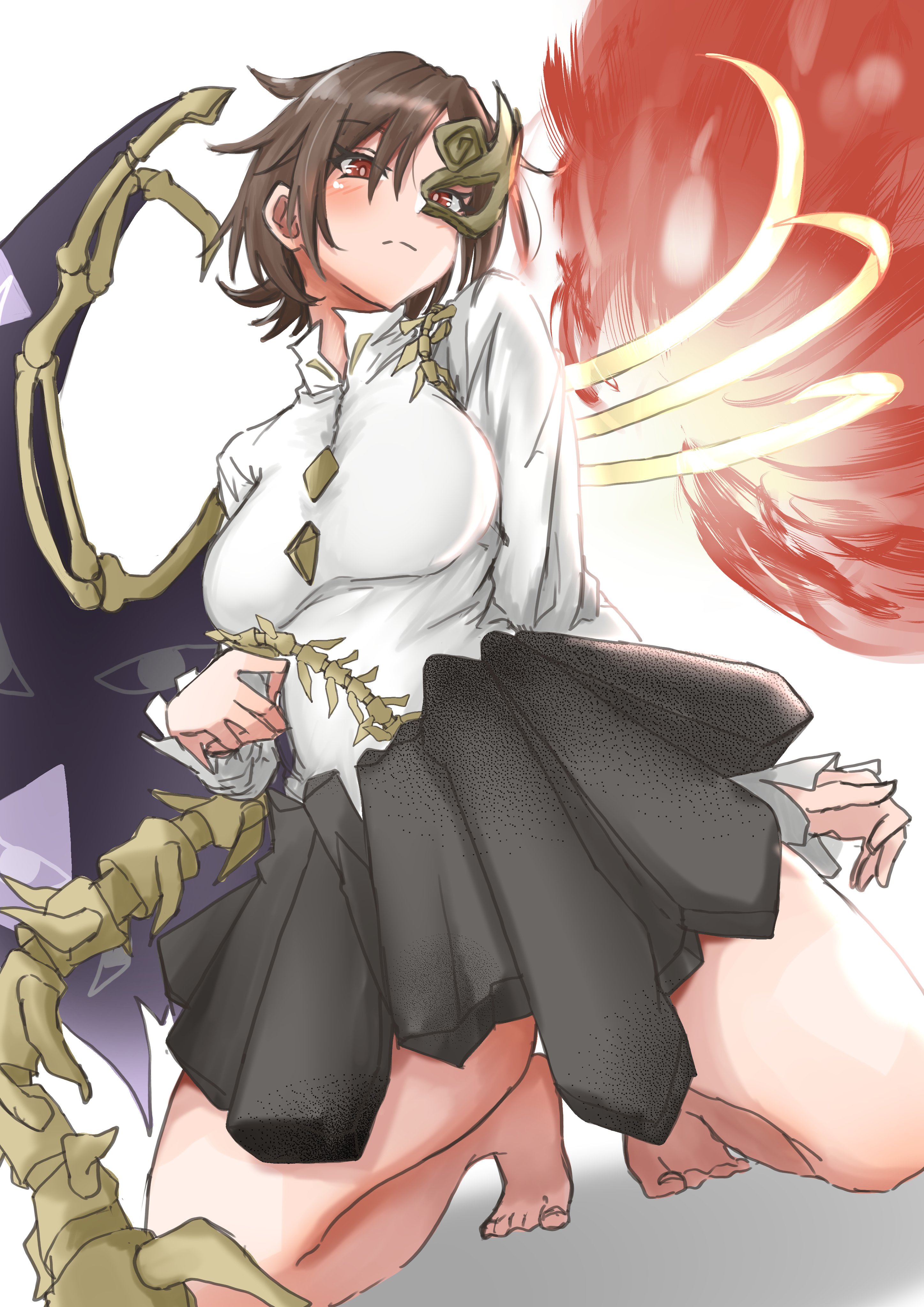 kuraki, iwanaga ariya, fossilized wonders, touhou, absurdres, commentary, highres, 1girl, asymmetrical wings, barefoot, black skirt, brown hair, fiery wings, frown, full body, hair between eyes, kneeling, looking to the side, mask, red eyes, shirt, short hair, skirt, solo, toes, white shirt, wings