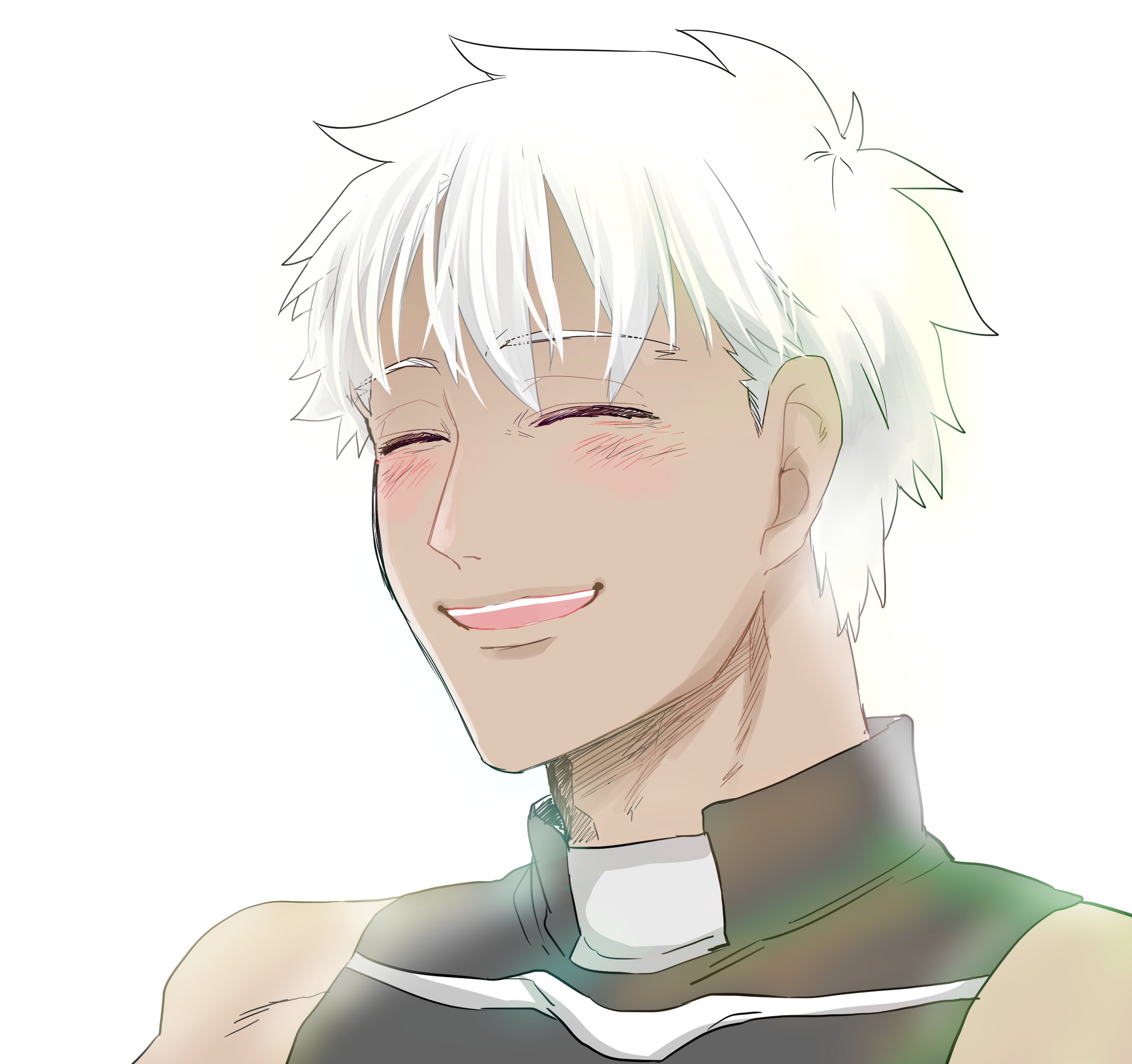 kkk irino, archer (fate), fate/grand order, fate (series), commentary request, highres, 1boy, closed eyes, dark-skinned male, dark skin, male focus, open mouth, portrait, sleeveless, smile, solo, white hair