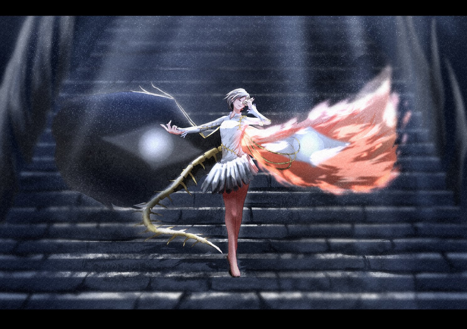 syuntsure, iwanaga ariya, fossilized wonders, touhou, commentary, 1girl, barefoot, black skirt, fiery wings, full body, mask, shirt, short hair, skirt, solo, stairs, standing, stone stairs, white shirt, wings