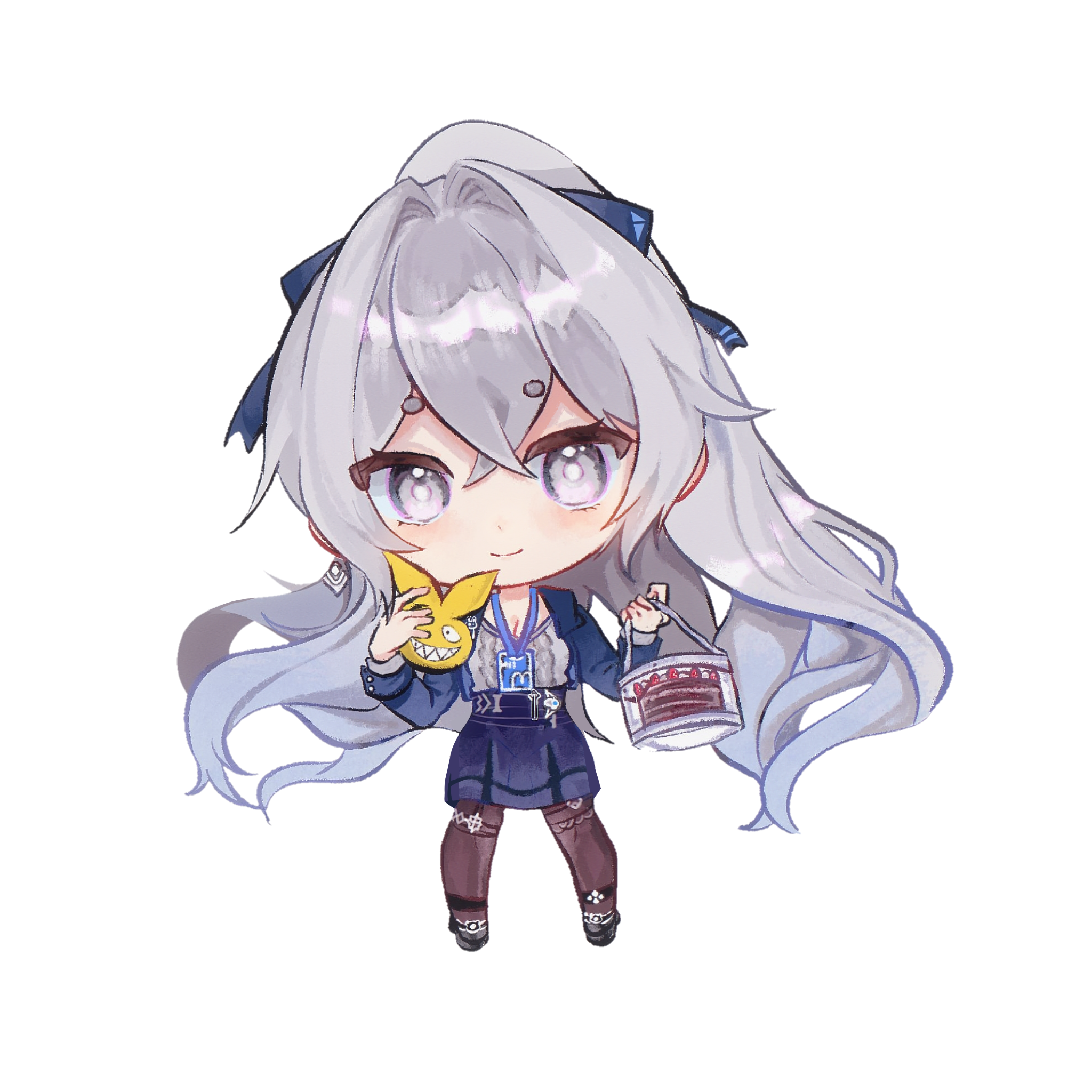 louchen850, bronya zaychik, bronya zaychik (outstanding attitude), bronya zaychik (silverwing: n-ex), honkai (series), honkai impact 3rd, highres, 1girl, bag, black pantyhose, black shoes, blue jacket, blue skirt, chibi, full body, grey eyes, grey hair, grey sweater, hair intakes, holding, holding bag, jacket, long hair, long sleeves, looking at viewer, miniskirt, official alternate costume, open clothes, open jacket, pantyhose, shoes, simple background, skirt, smile, solo, standing, sweater, very long hair, white background